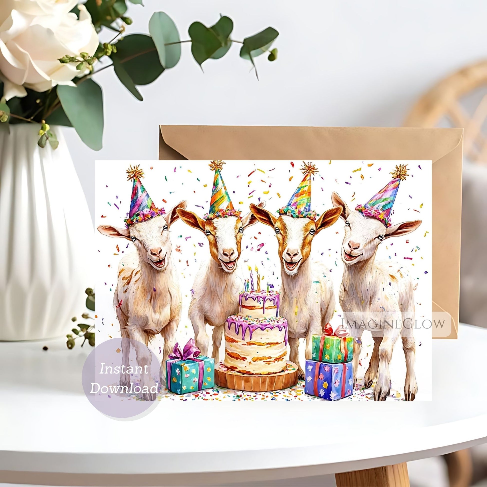 Birthday card with cartoon goats and cake on a white background.