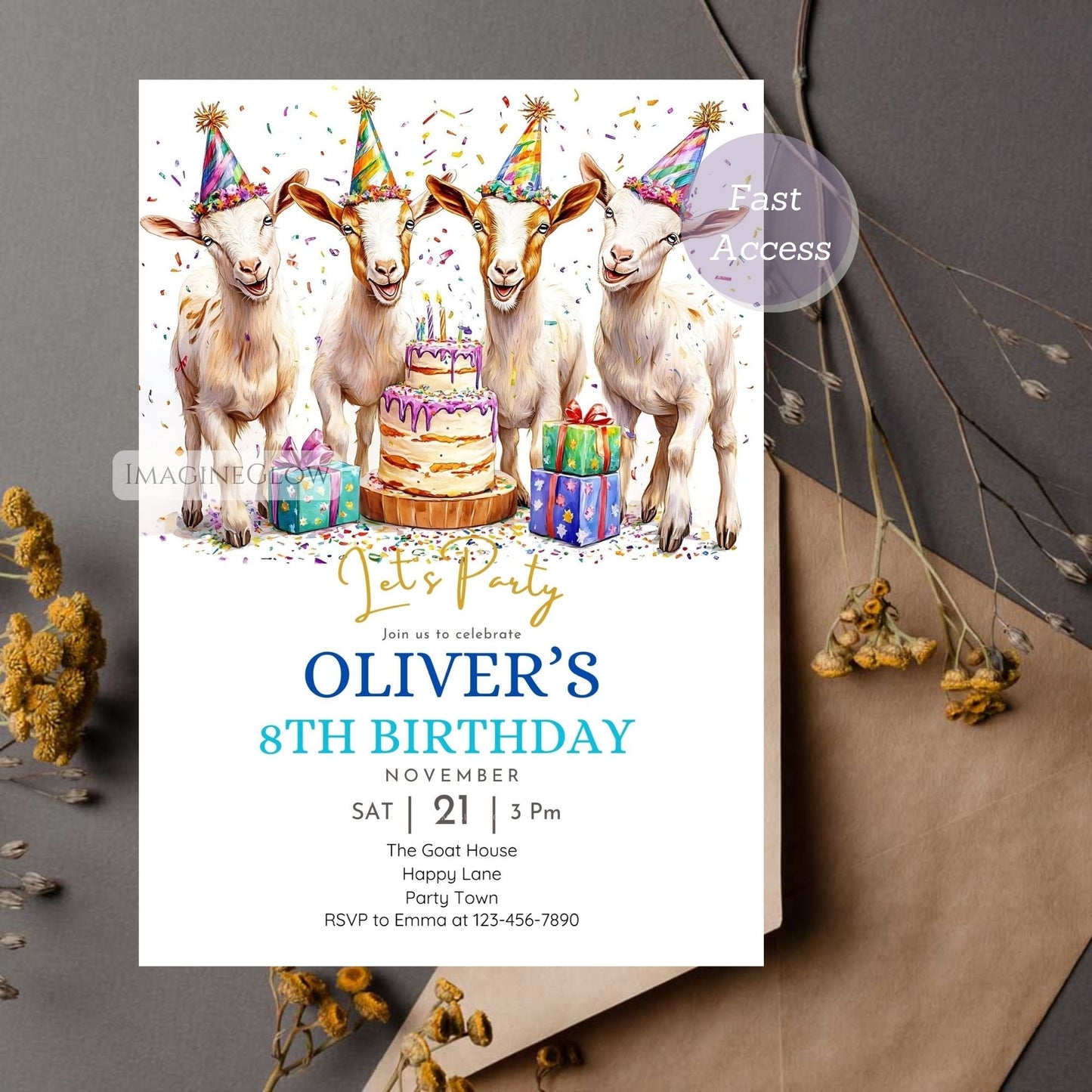 Kids’ farmyard birthday invite template
Goat party invitation digital download
