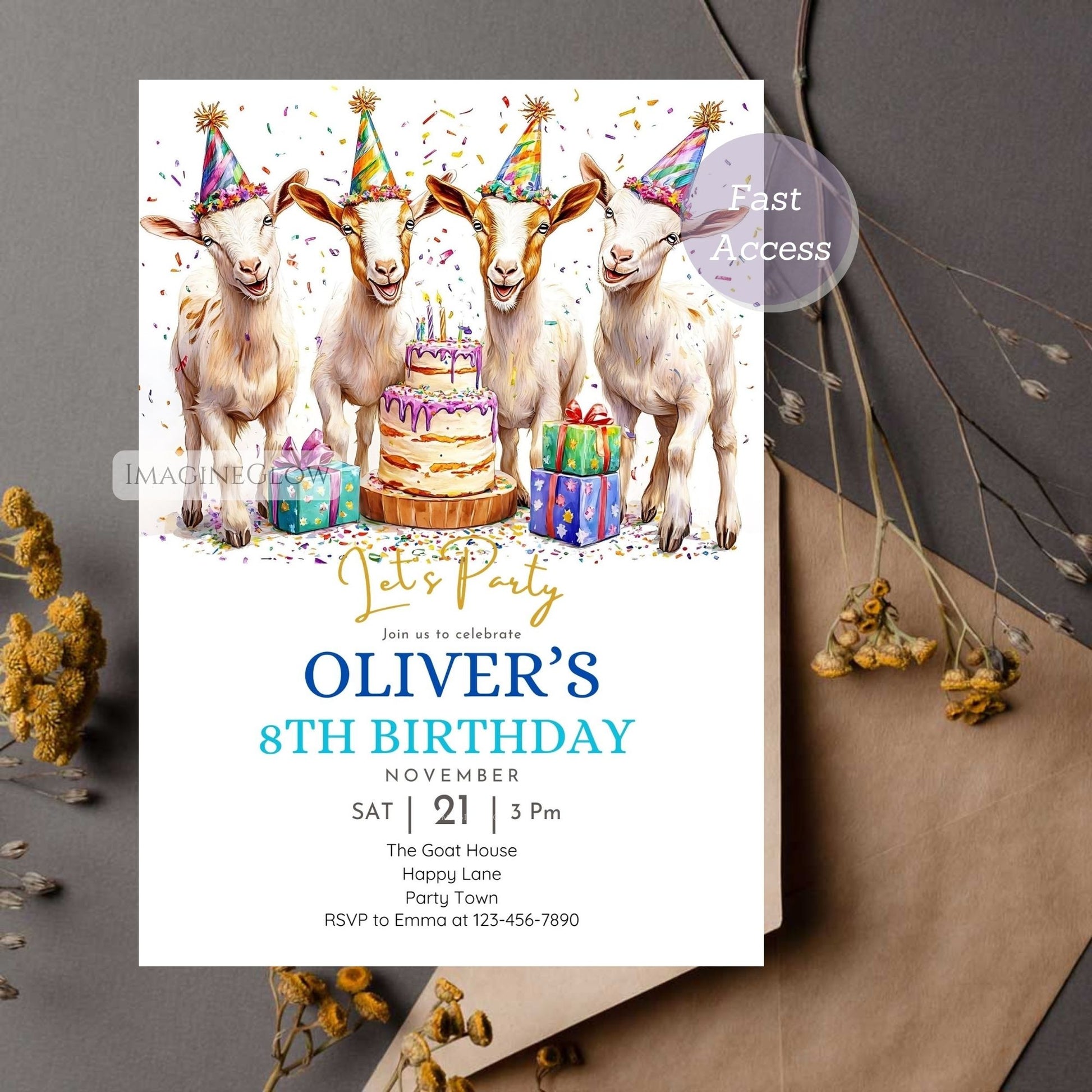 Kids’ farmyard birthday invite template
Goat party invitation digital download