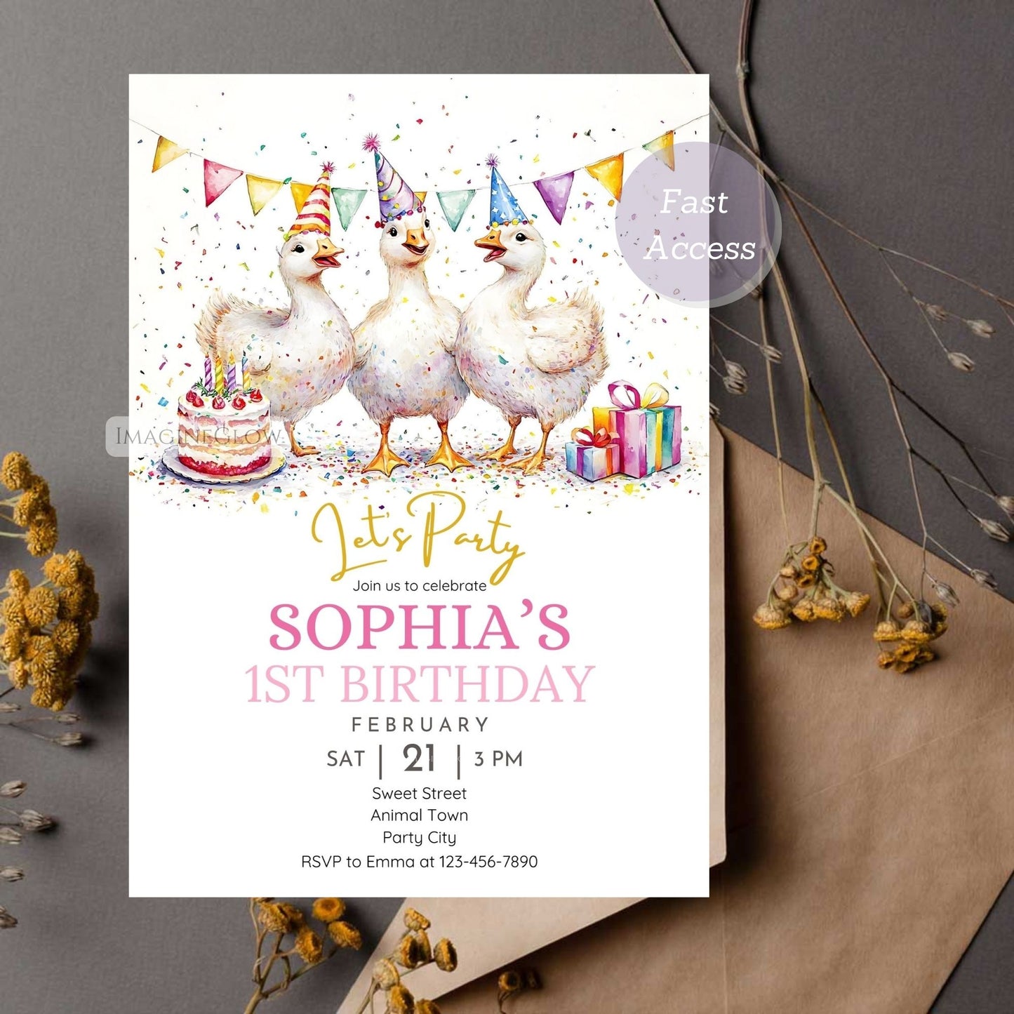 Cute barnyard goose birthday card.
Instant download goose-themed invitation.