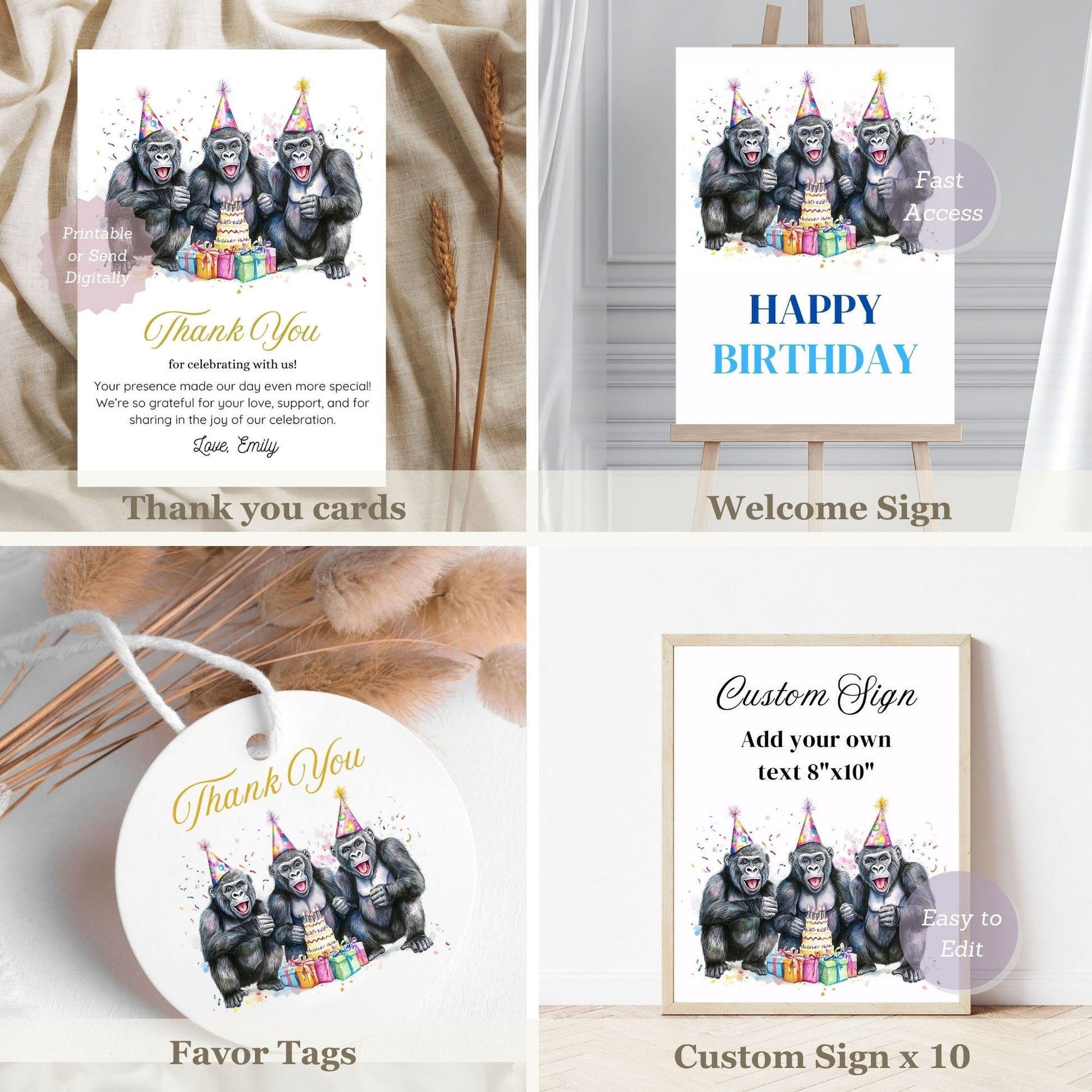 Collection of greeting cards, signs, and tags with gorilla illustrations on a neutral background.