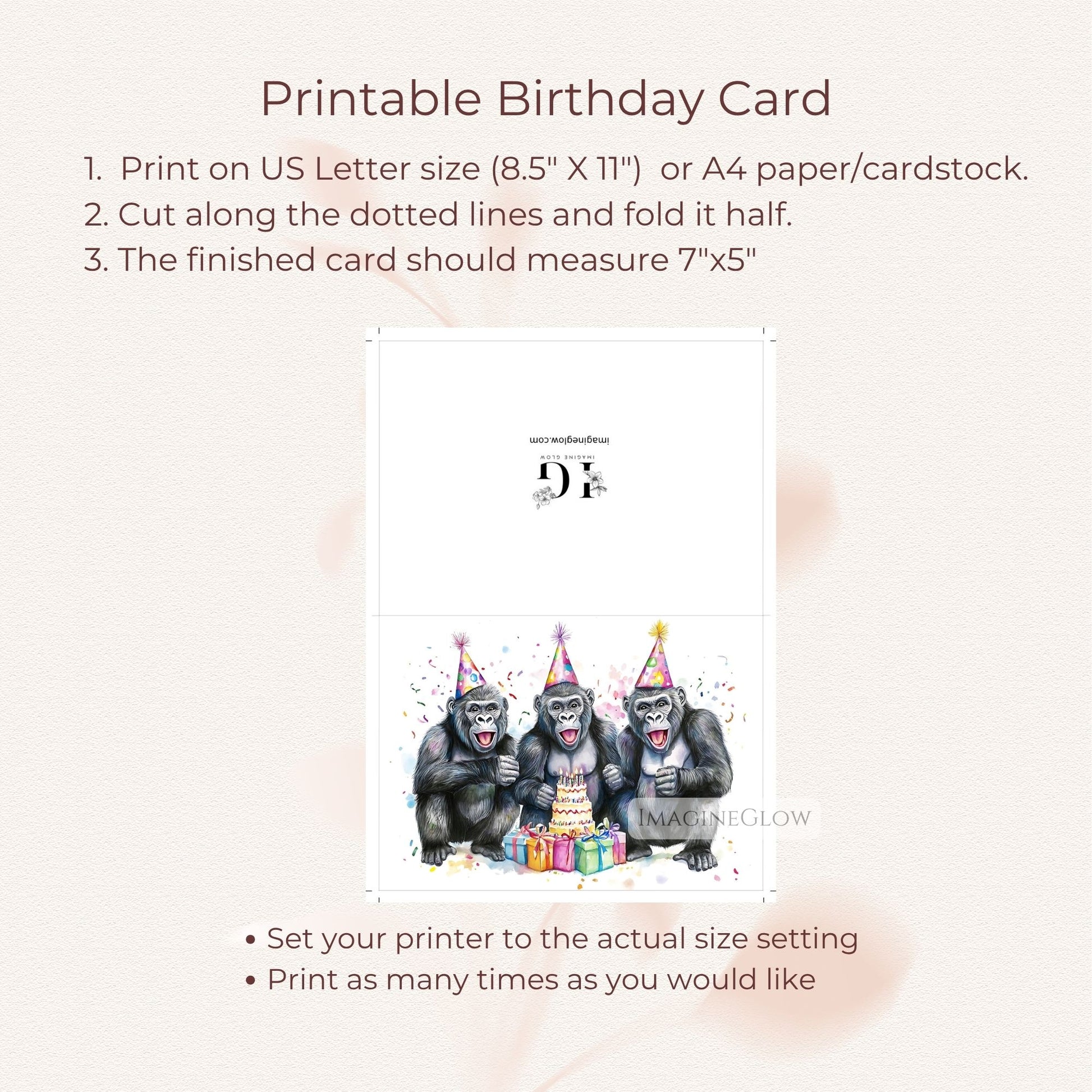 Jungle animal greeting card
Printable gorilla birthday card
Cute gorilla birthday design
