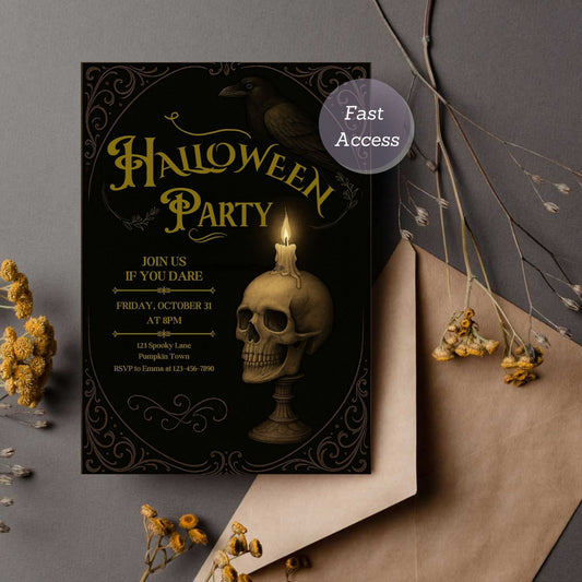 Halloween party invitation with skull and candle design on a dark background