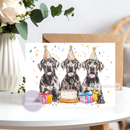 Birthday card with three dogs wearing party hats and a cake