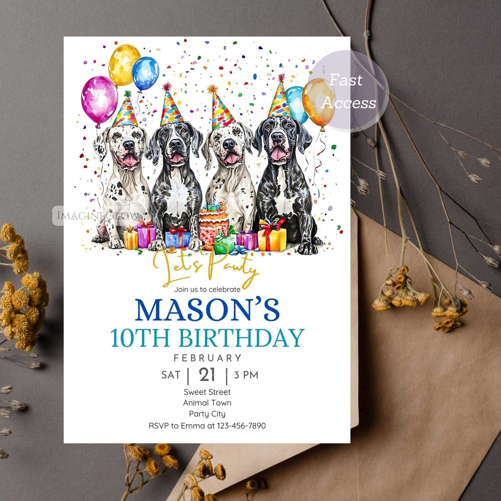 Printable Great Dane dog party invitation.