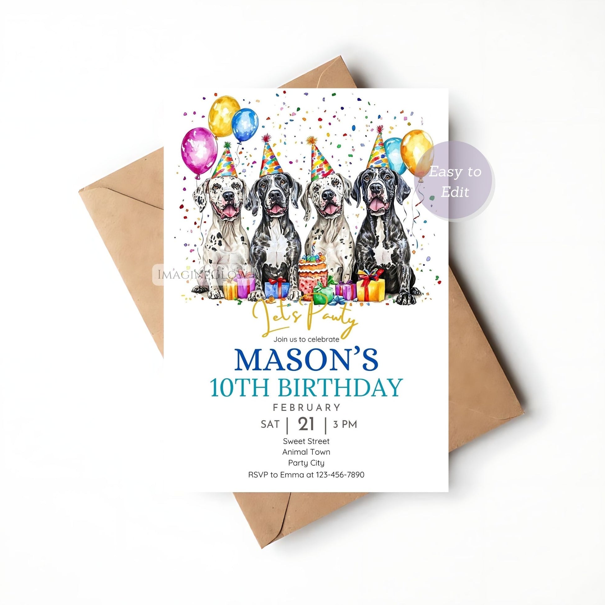 Editable Great Dane puppy pawty invite.
Fun Great Dane-themed birthday invitation.