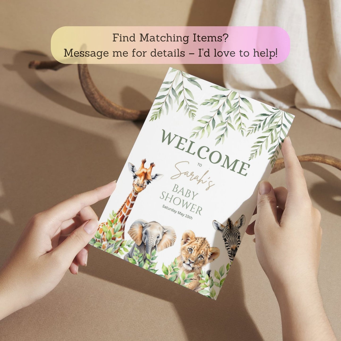 Safari animals party welcome sign with jungle greenery design.