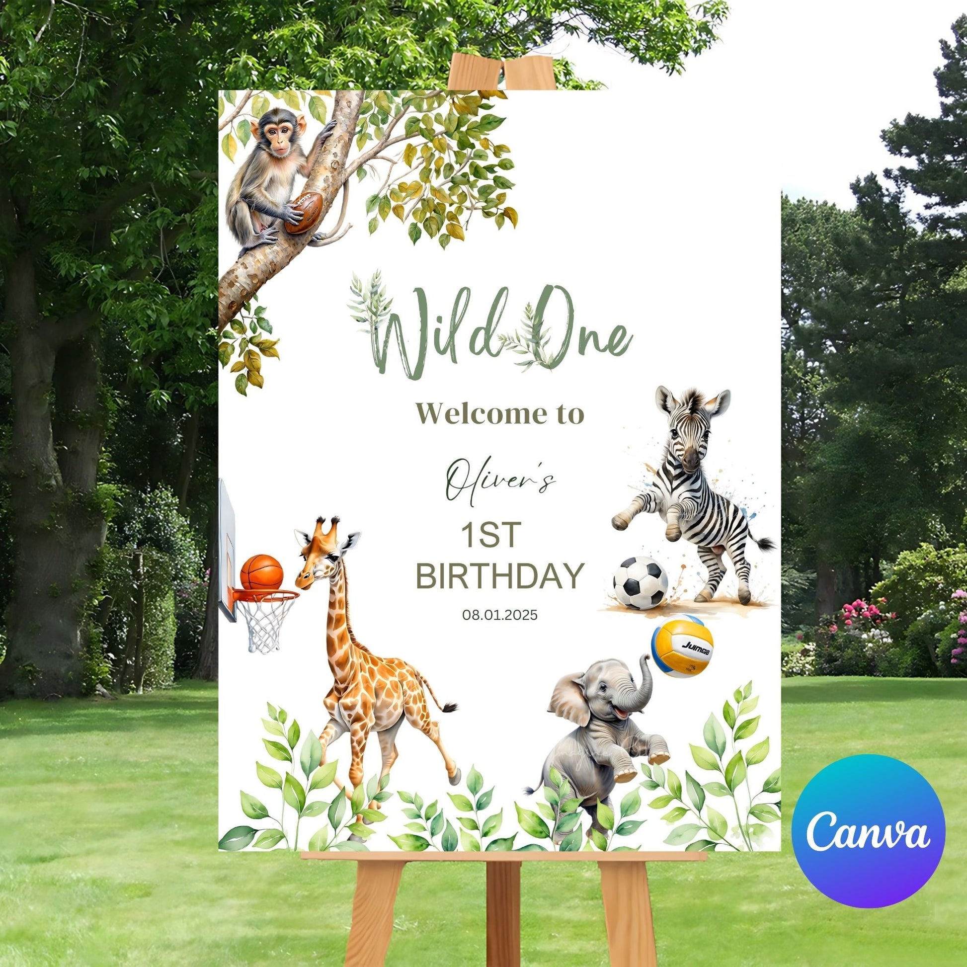 Baby shower decoration featuring safari animals and greenery accents.