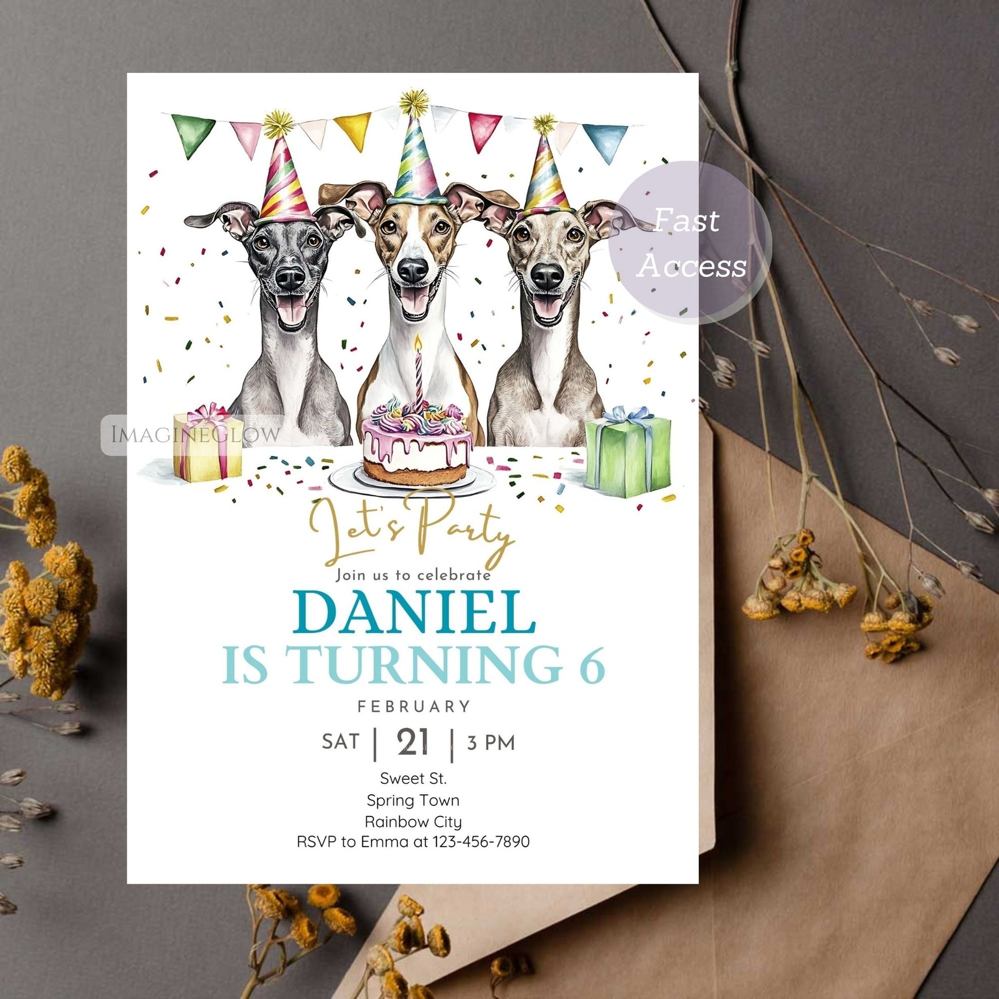 Elegant Greyhound dog birthday card digital download.