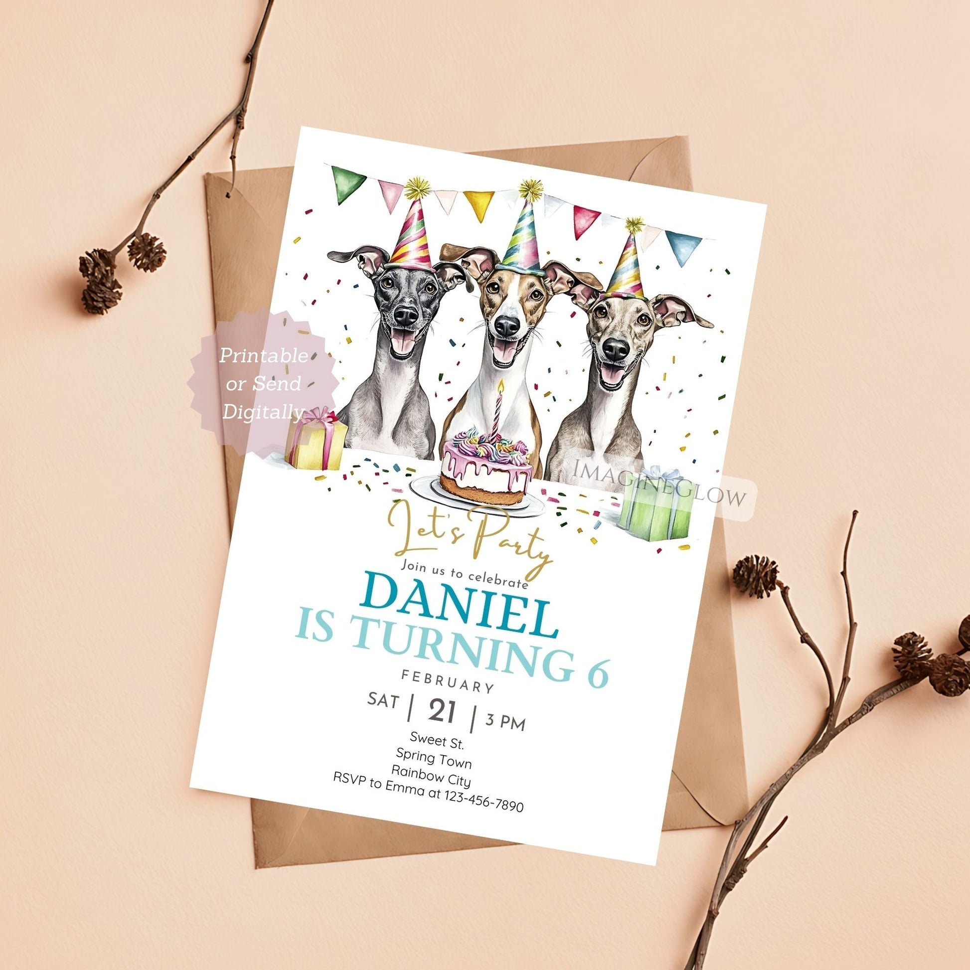 Greyhound dogs birthday invitation with festive theme.