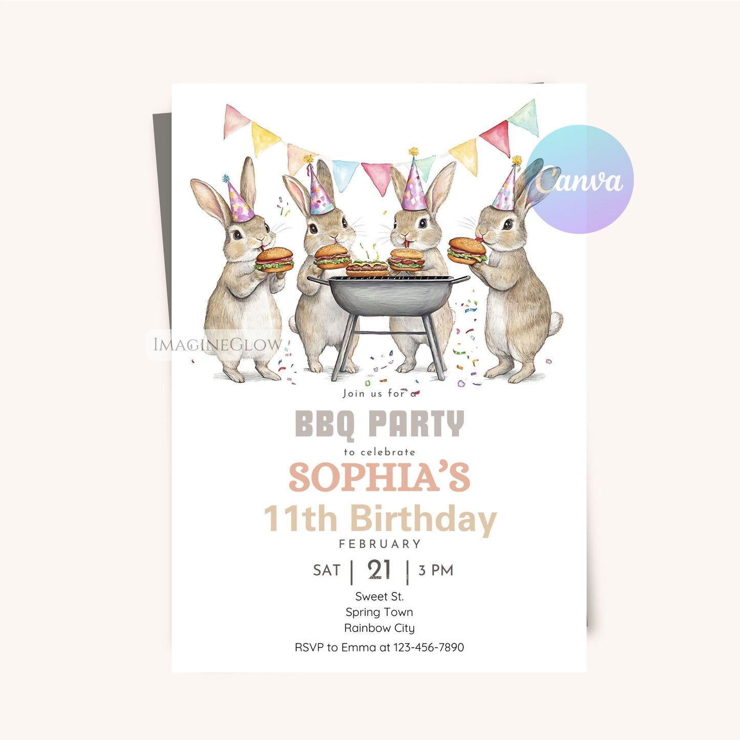 Digital download BBQ invitation with four playful rabbits