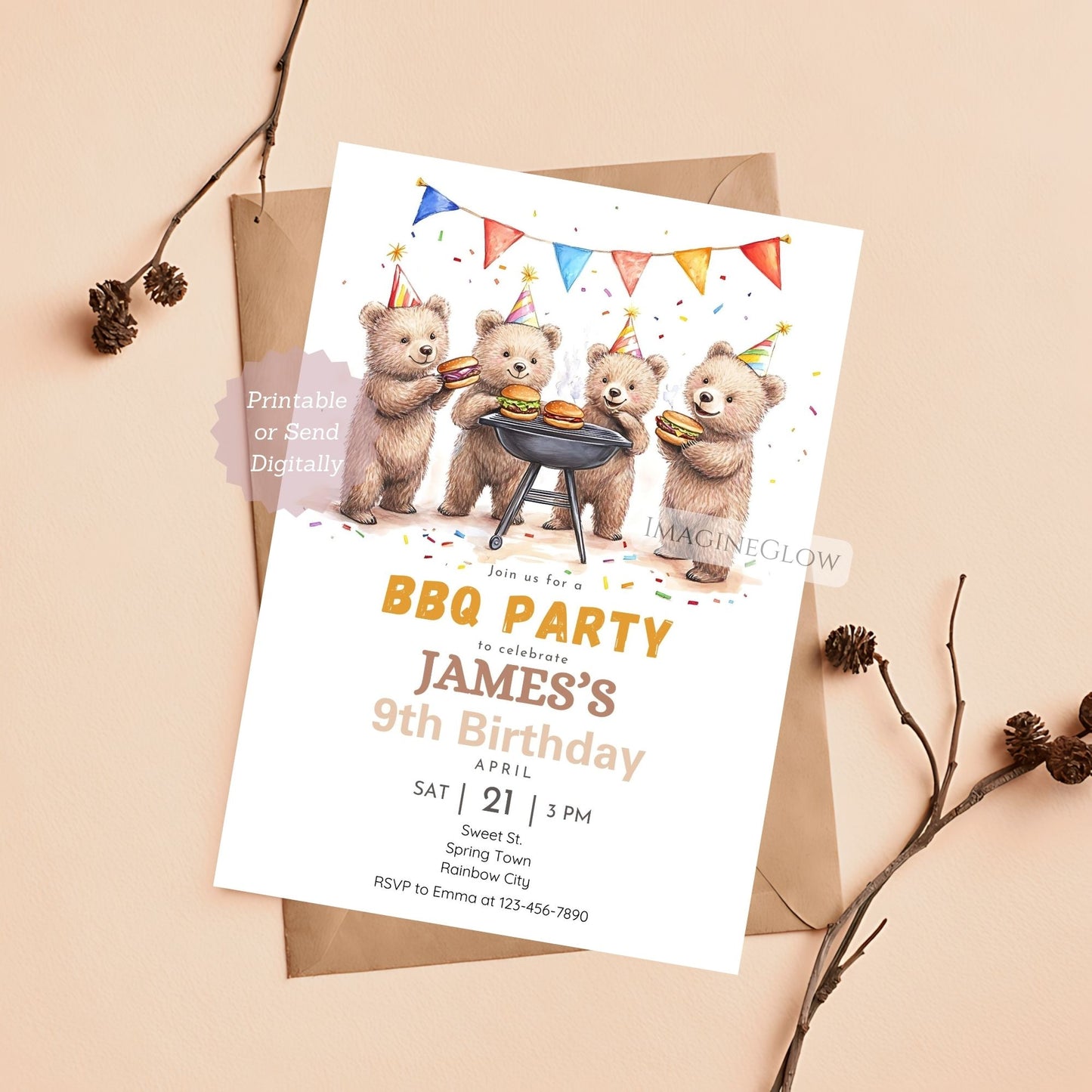 Cute bear-themed summer cookout birthday invitation