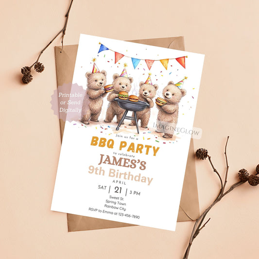 Cute bear-themed summer cookout birthday invitation