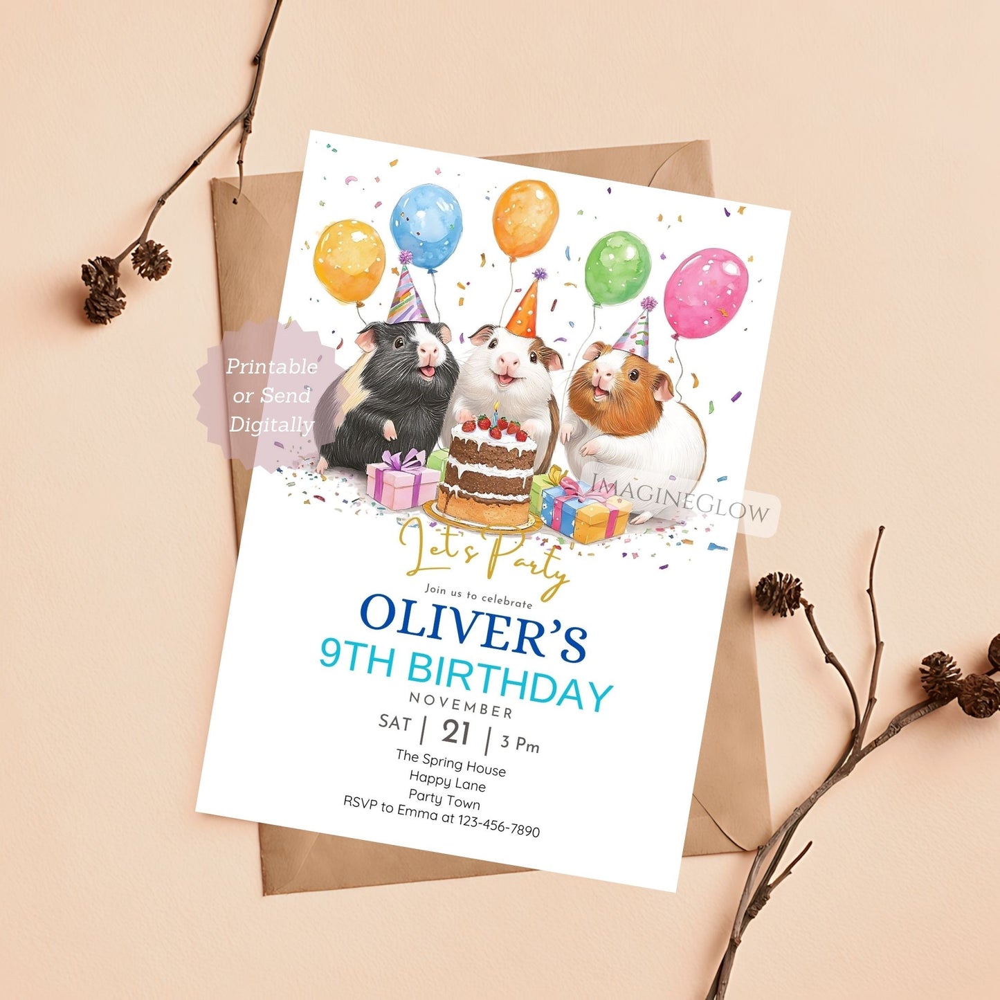 Guinea pig birthday invitation featuring three party-ready guinea pigs.