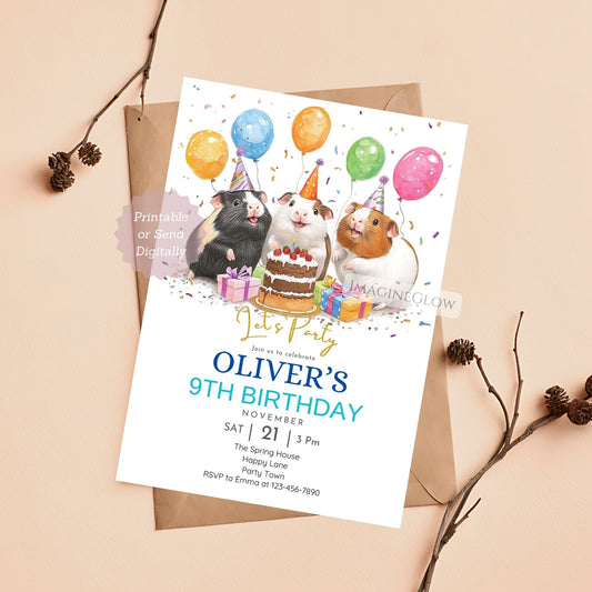 Guinea pig birthday invitation featuring three party-ready guinea pigs.