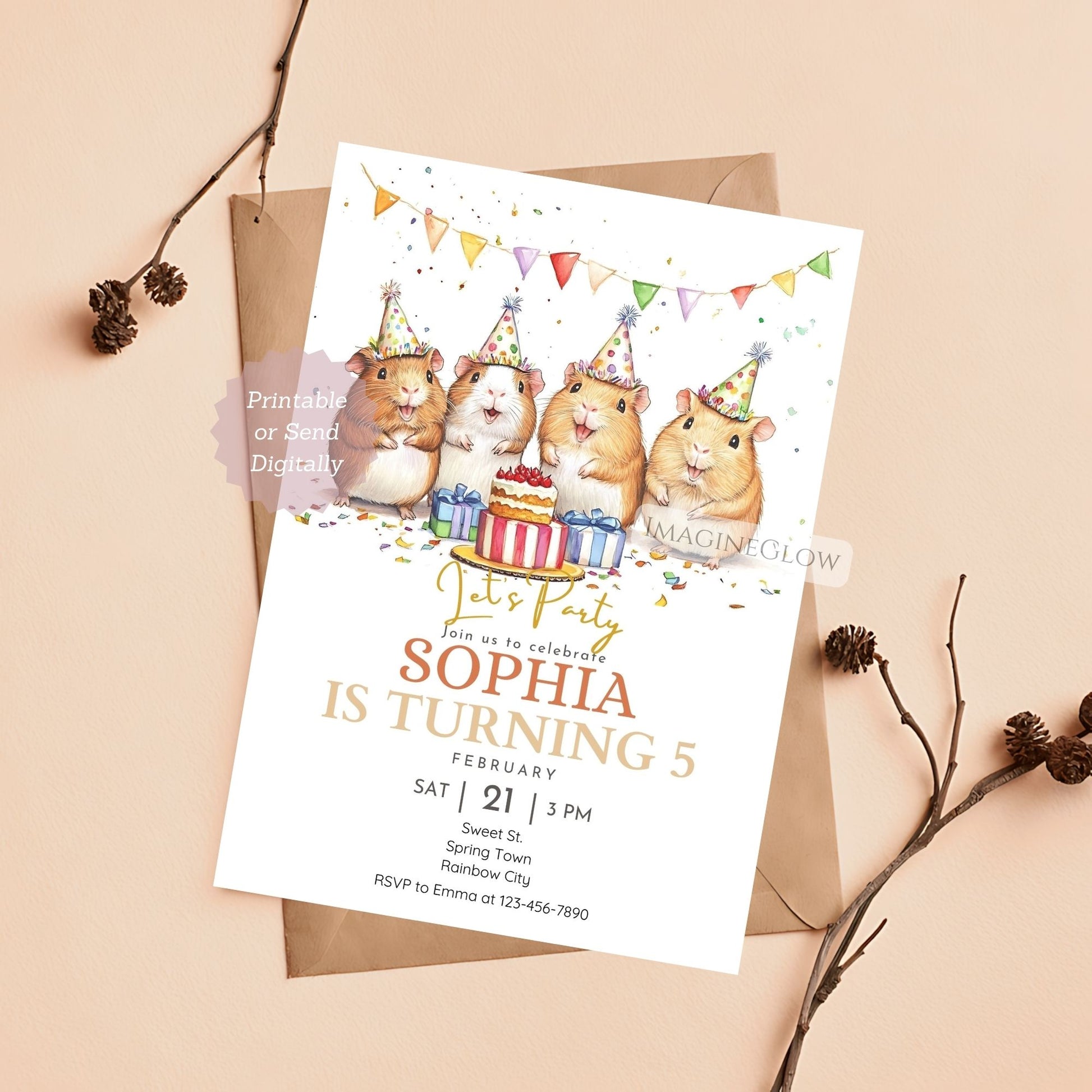 Guinea Pig Birthday Invitation featuring four festive guinea pigs.