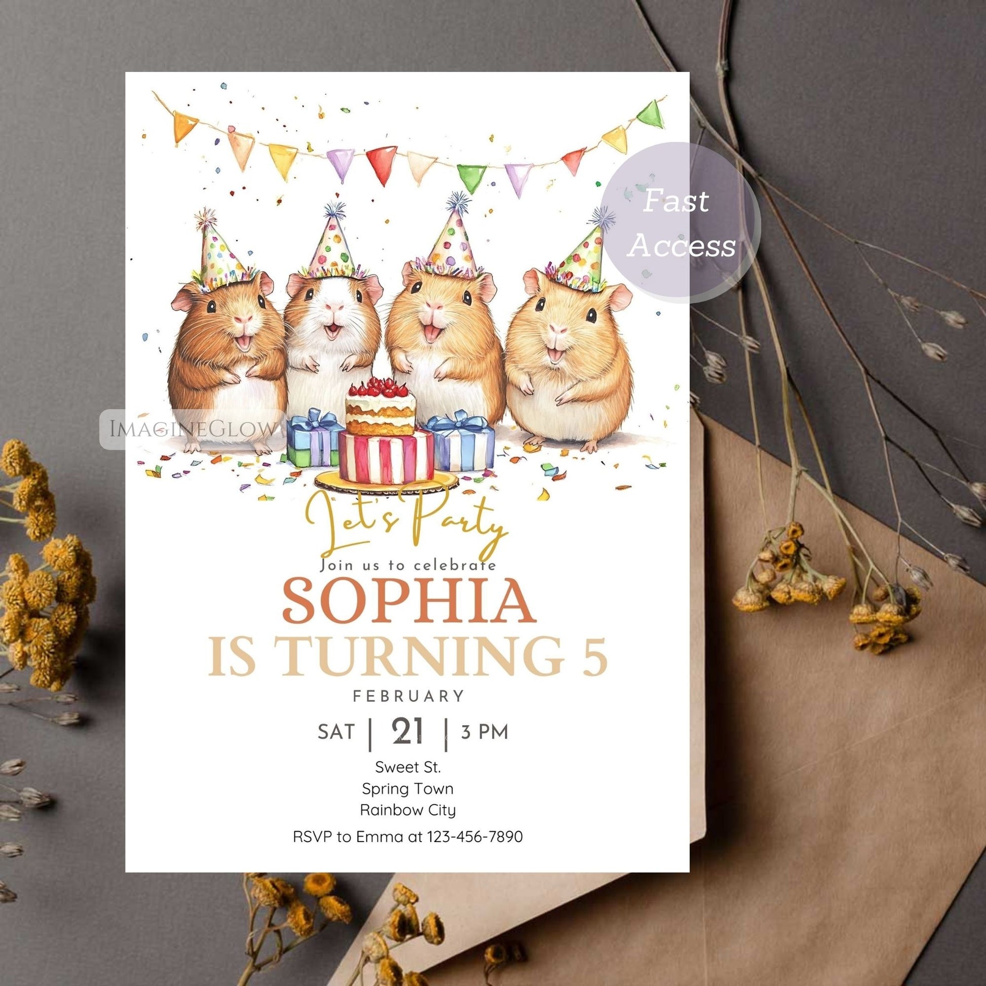 Adorable guinea pigs celebrating with a cake and party decorations.