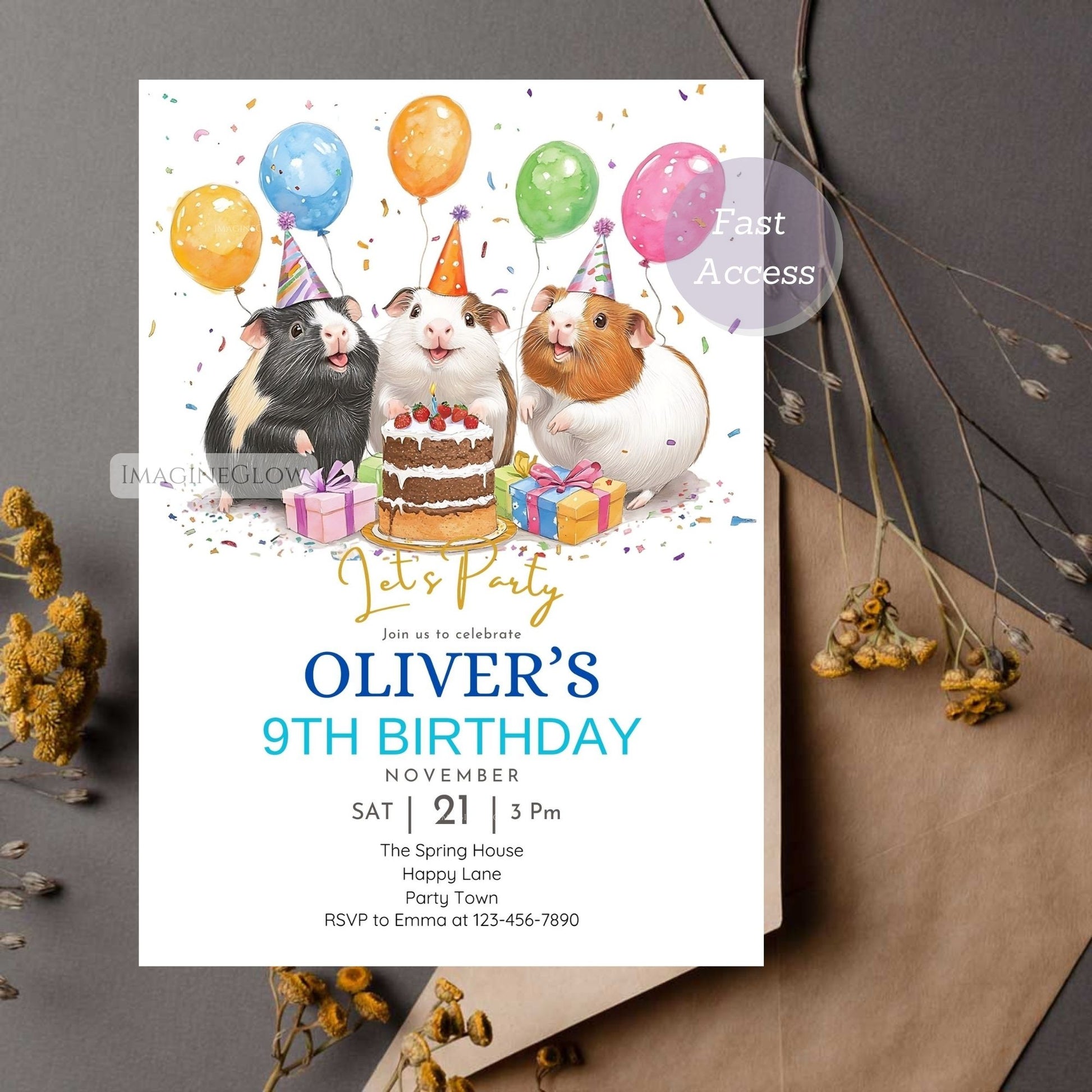 Guinea pig-themed birthday invitation for kids and pet lovers.