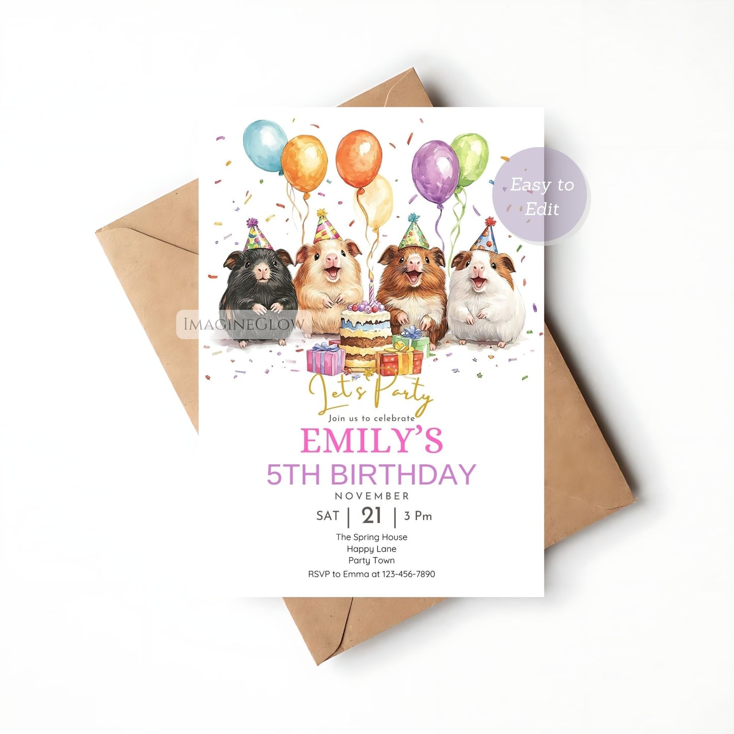 Fun and colorful guinea pig birthday card for celebrations.