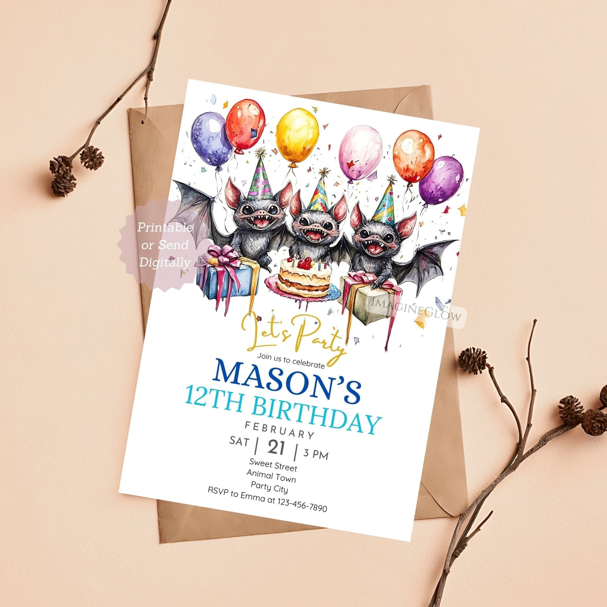 Digital bat-themed birthday party invite
Customizable spooky birthday invitation