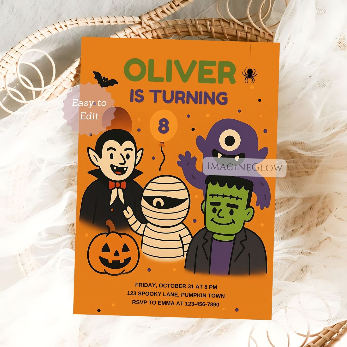 Halloween-themed birthday invitation with cartoon characters on an orange background