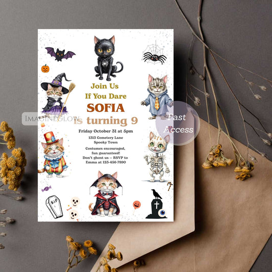 Halloween-themed birthday invitation with cartoon cats