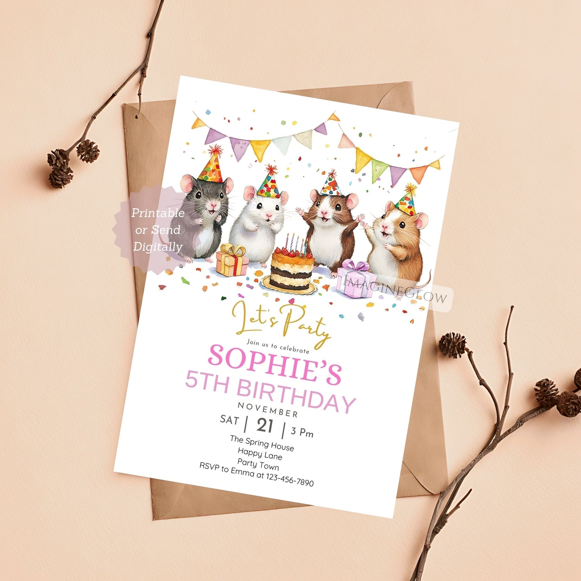 Hamster birthday invitation featuring four festive hamsters.