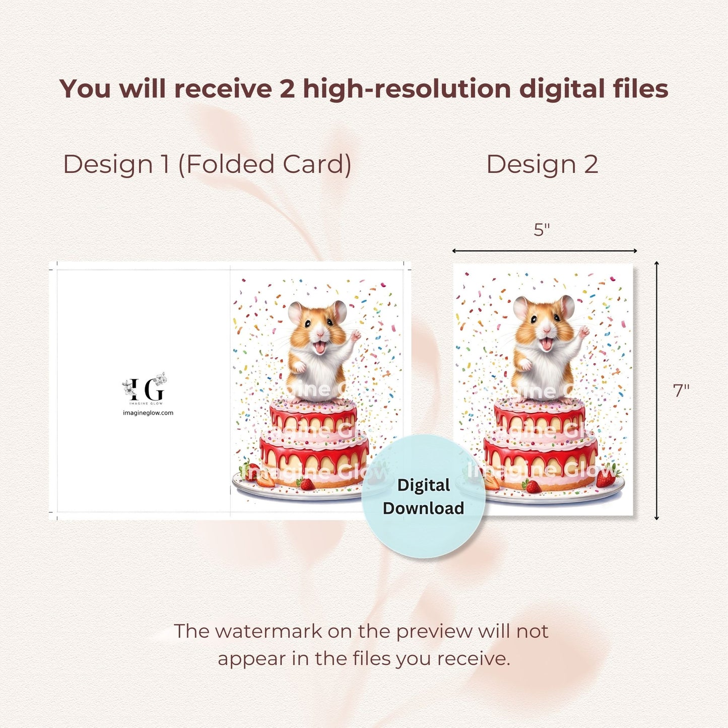 Hamster birthday card with strawberry design digital download.
