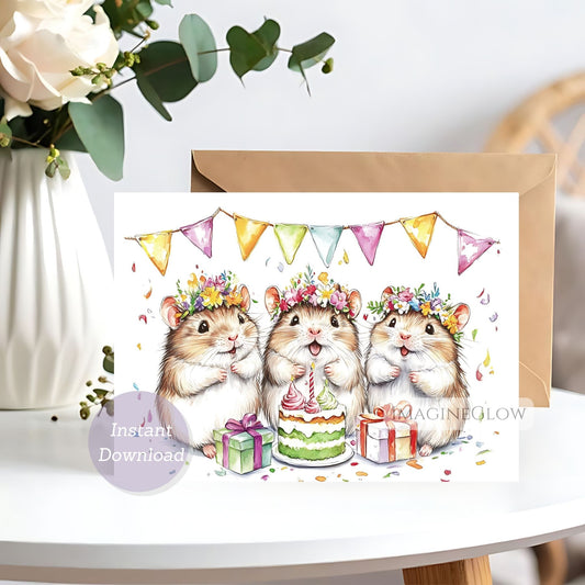 Greeting card with cartoon hamsters celebrating a birthday, featuring flowers and a cake.