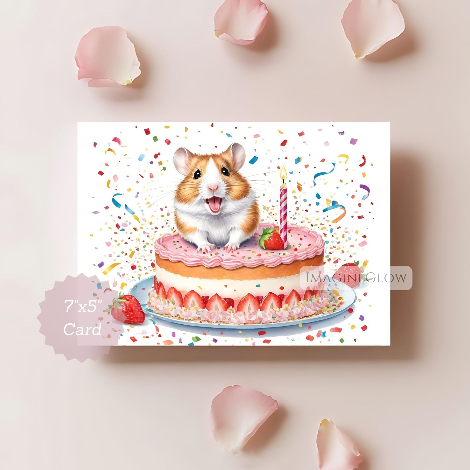 Card with a hamster on a birthday cake surrounded by confetti and rose petals.