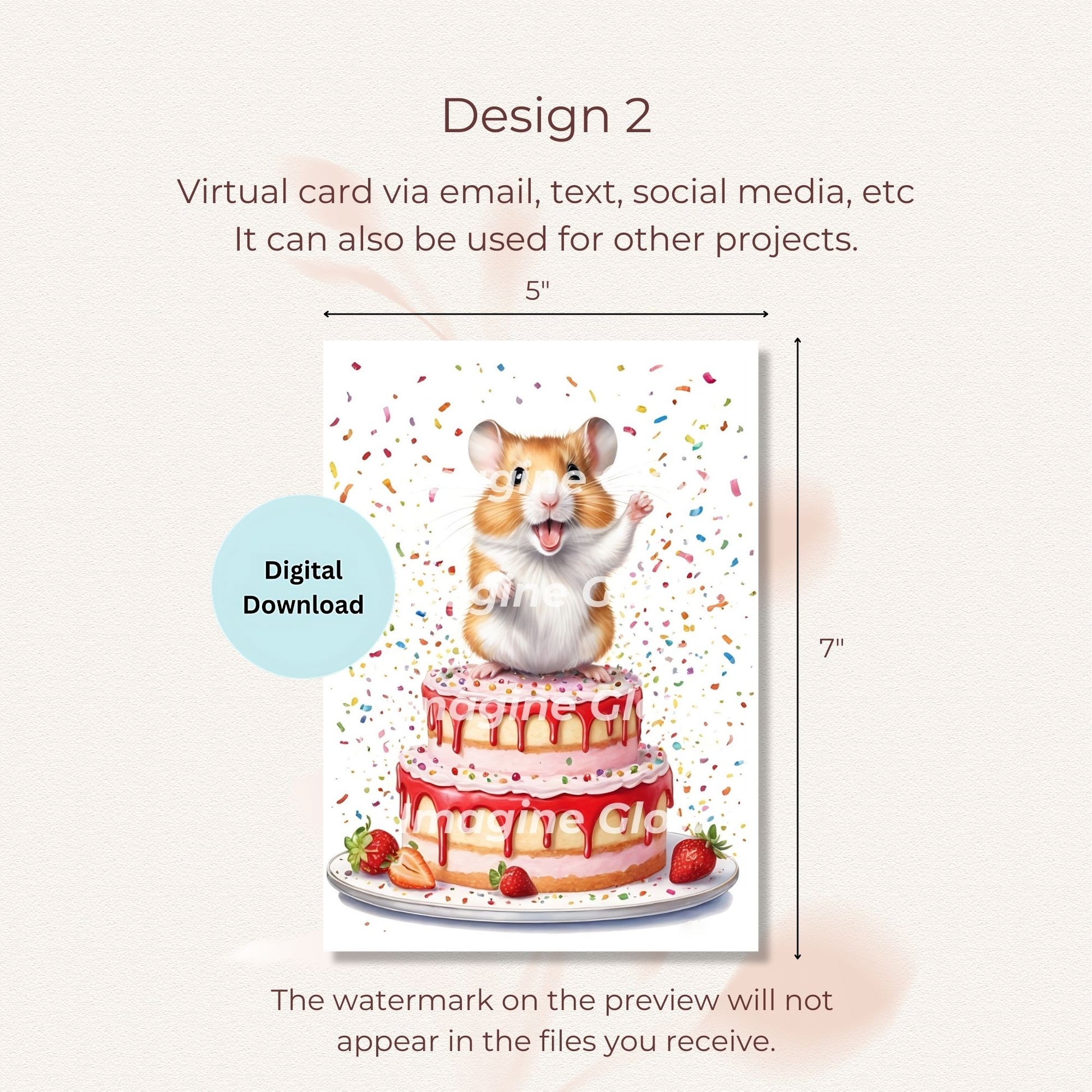 Fun strawberry-themed hamster birthday card for party celebrations.