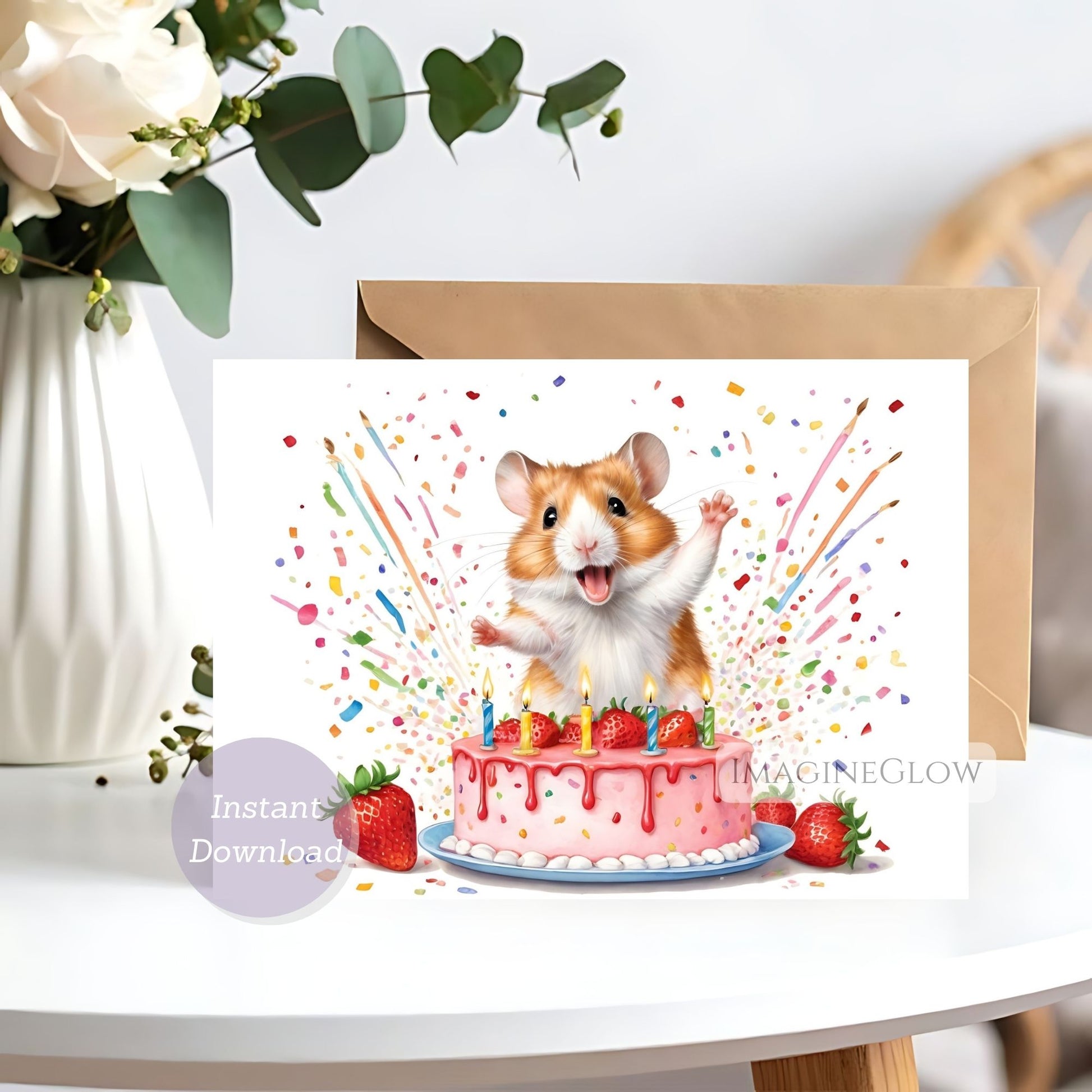 Greeting card with a hamster on a birthday cake, flowers in the background