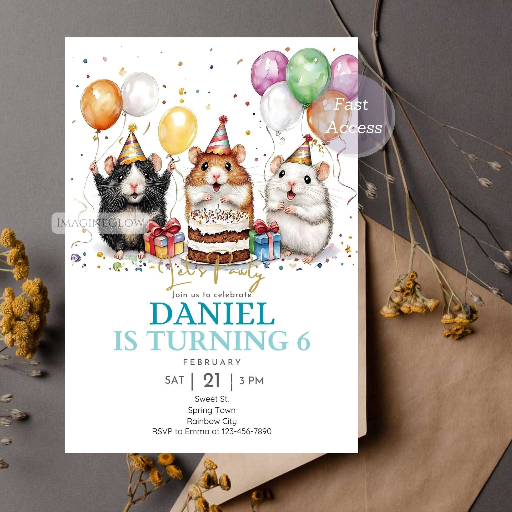 Hamster birthday celebration invitation template
Colorful hamster birthday party invite