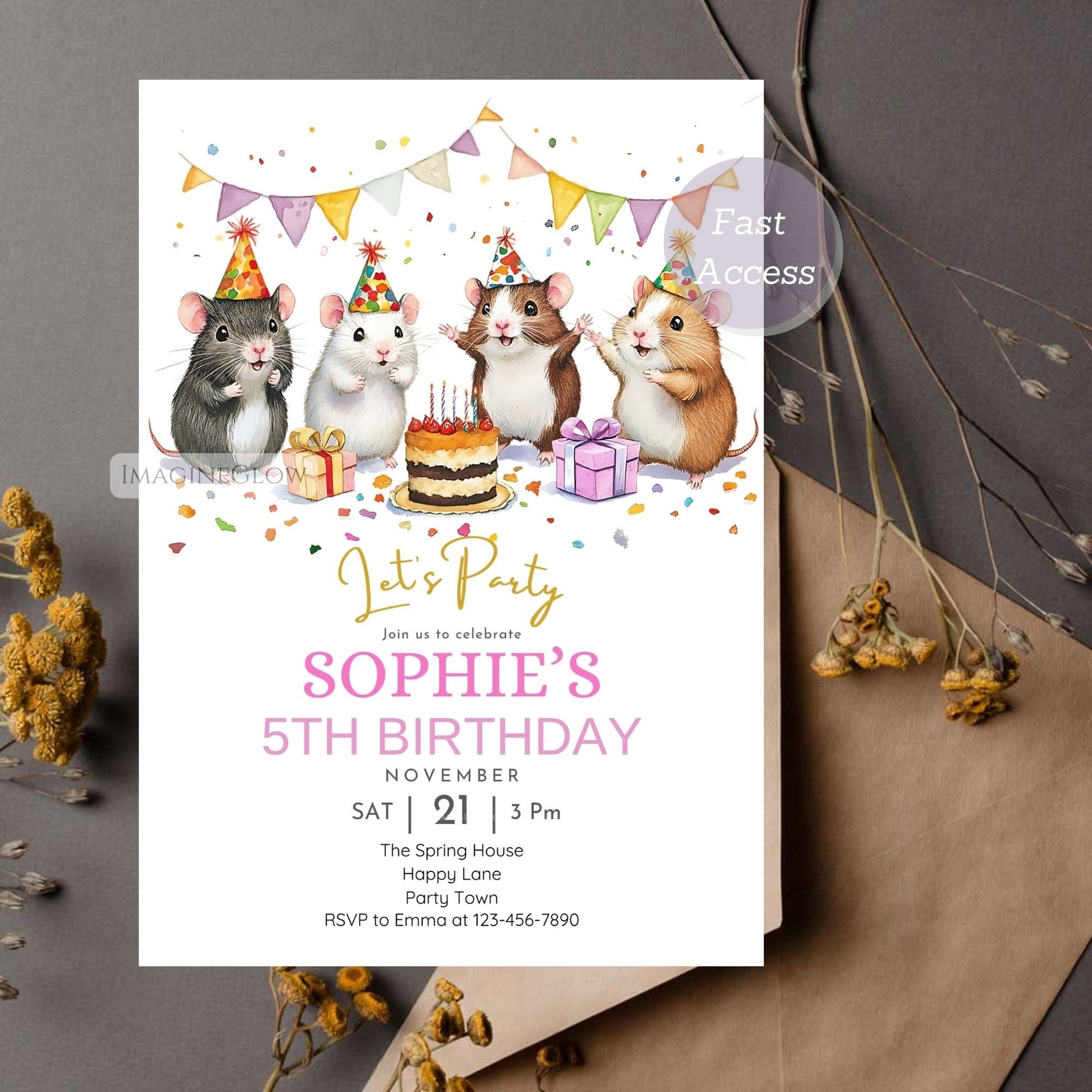 Cute party invitation with hamsters, cake, and colorful flags.
