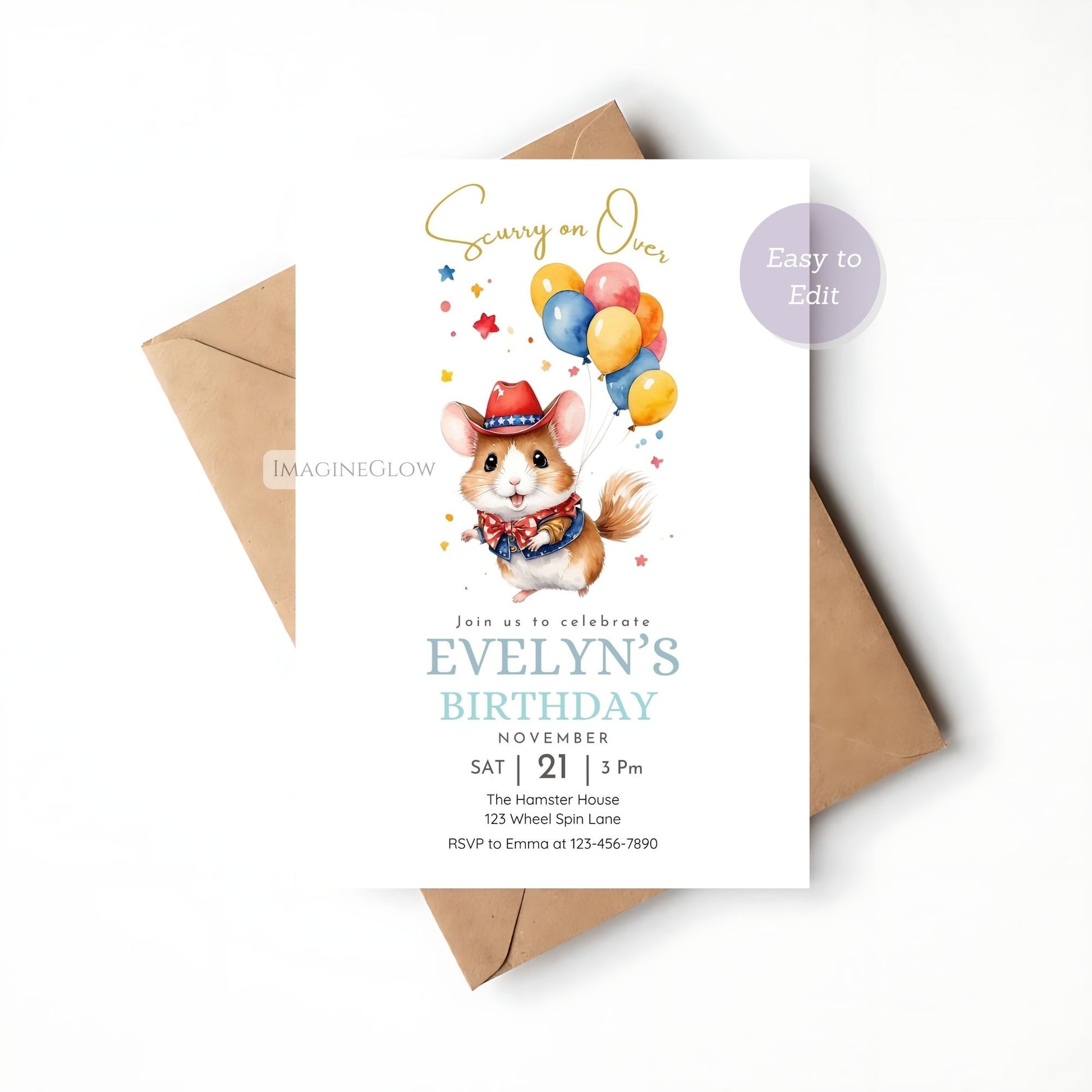 Western-themed hamster birthday card
Cute cowboy hamster birthday invite