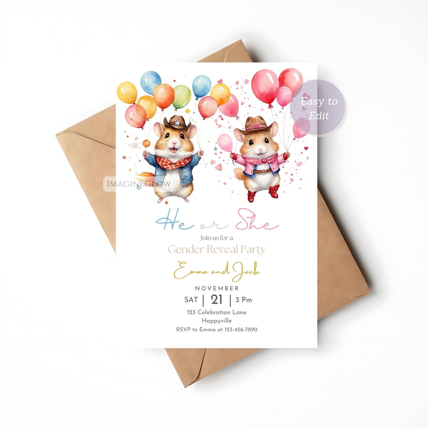 Cute hamster-themed gender reveal card