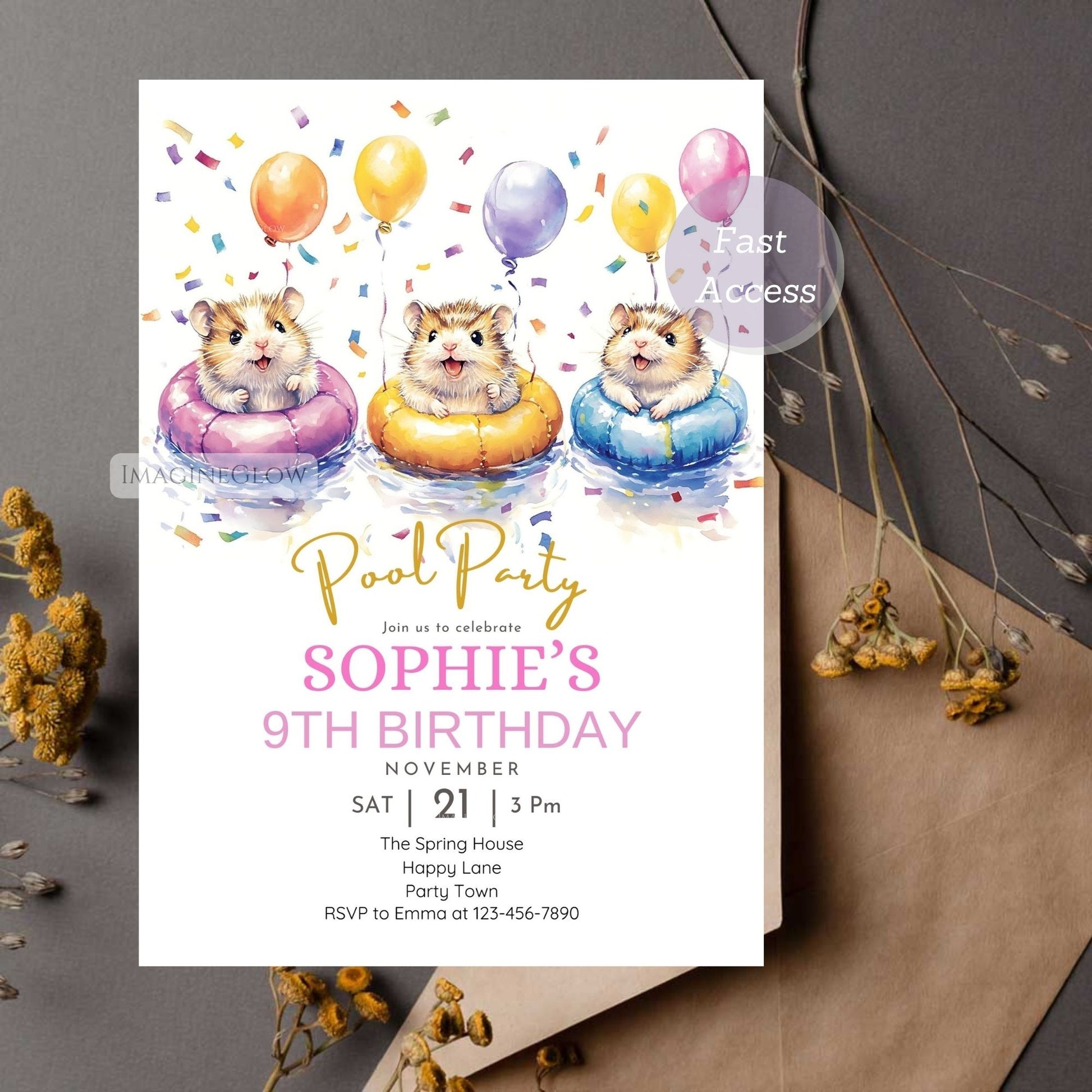 High-resolution hamster pool party invite for summer birthdays.
