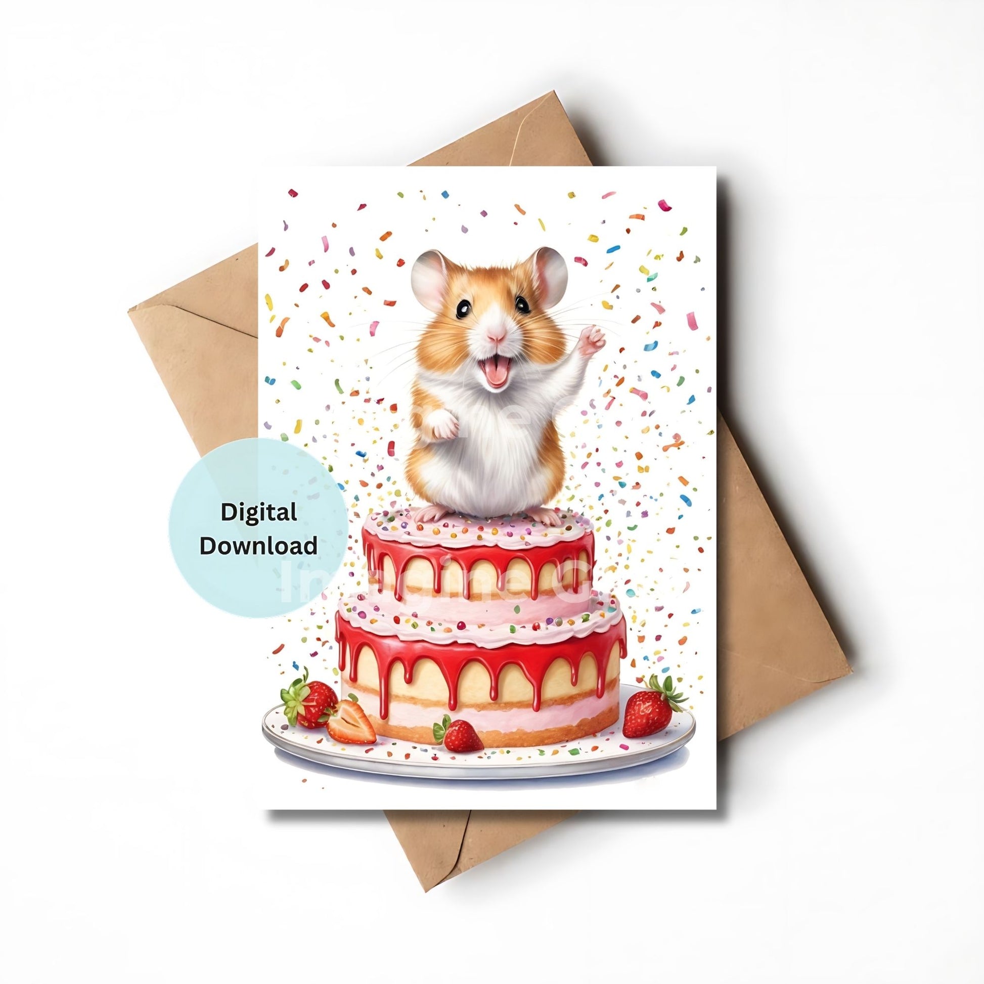Printable hamster strawberry theme greeting card for birthdays.