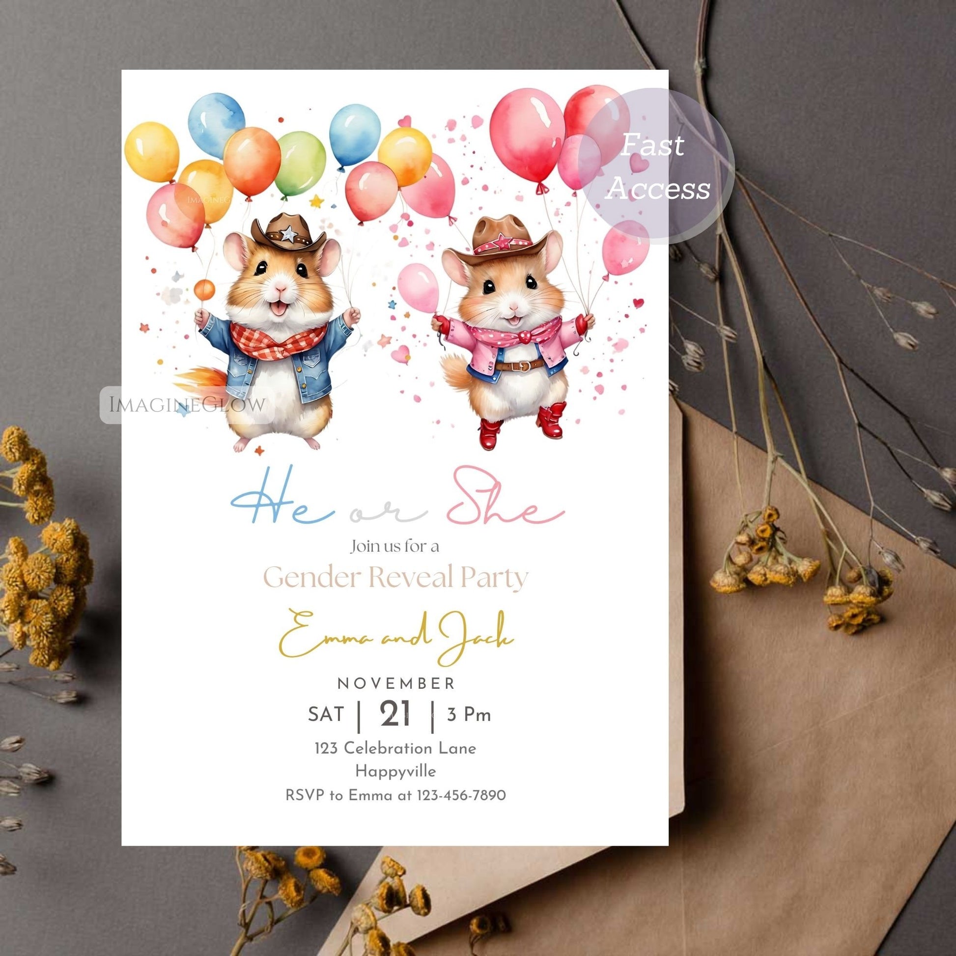 Editable boy or girl party invitation
Twin birthday invitation hamster design