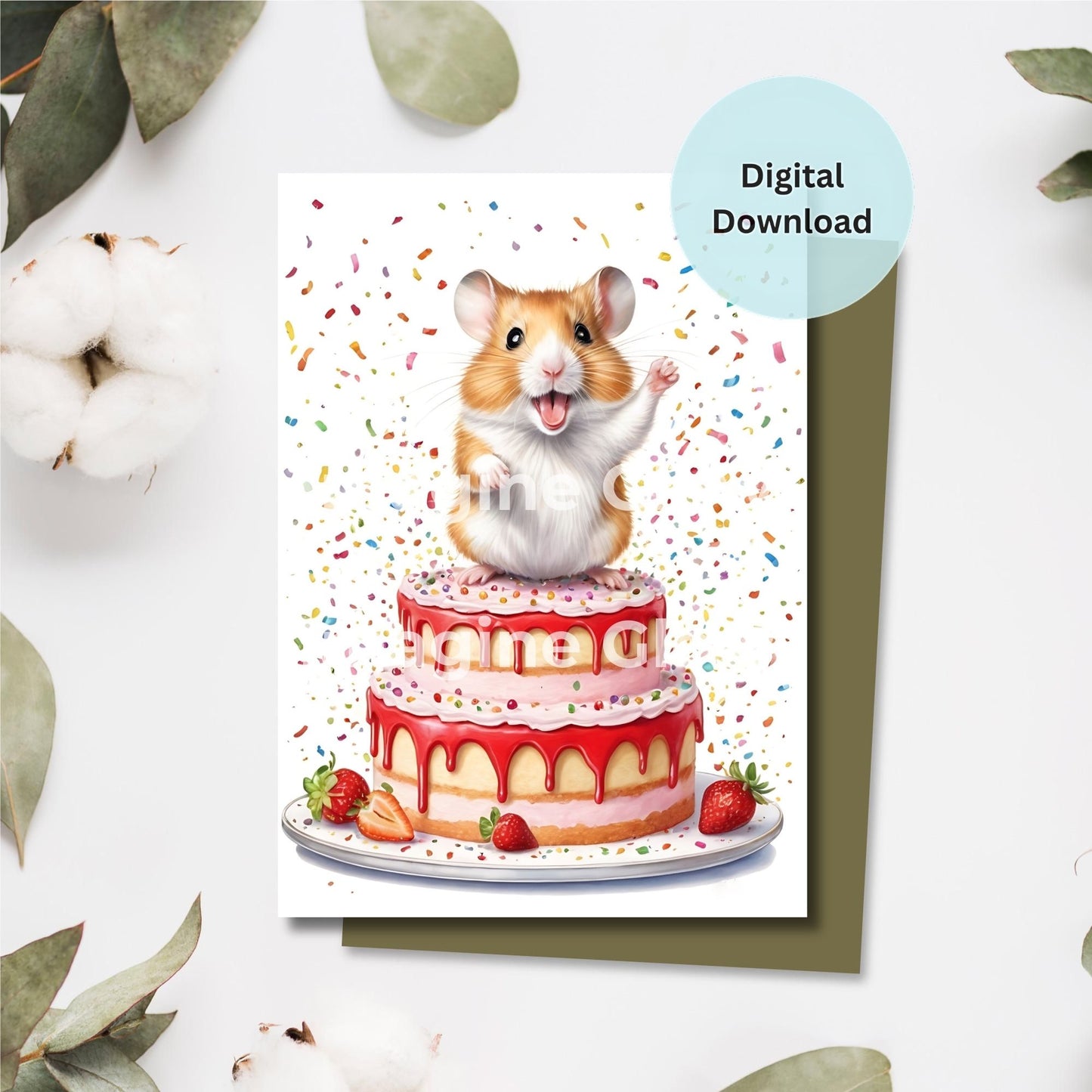 Hamsters birthday card with strawberry theme printable for celebrations.