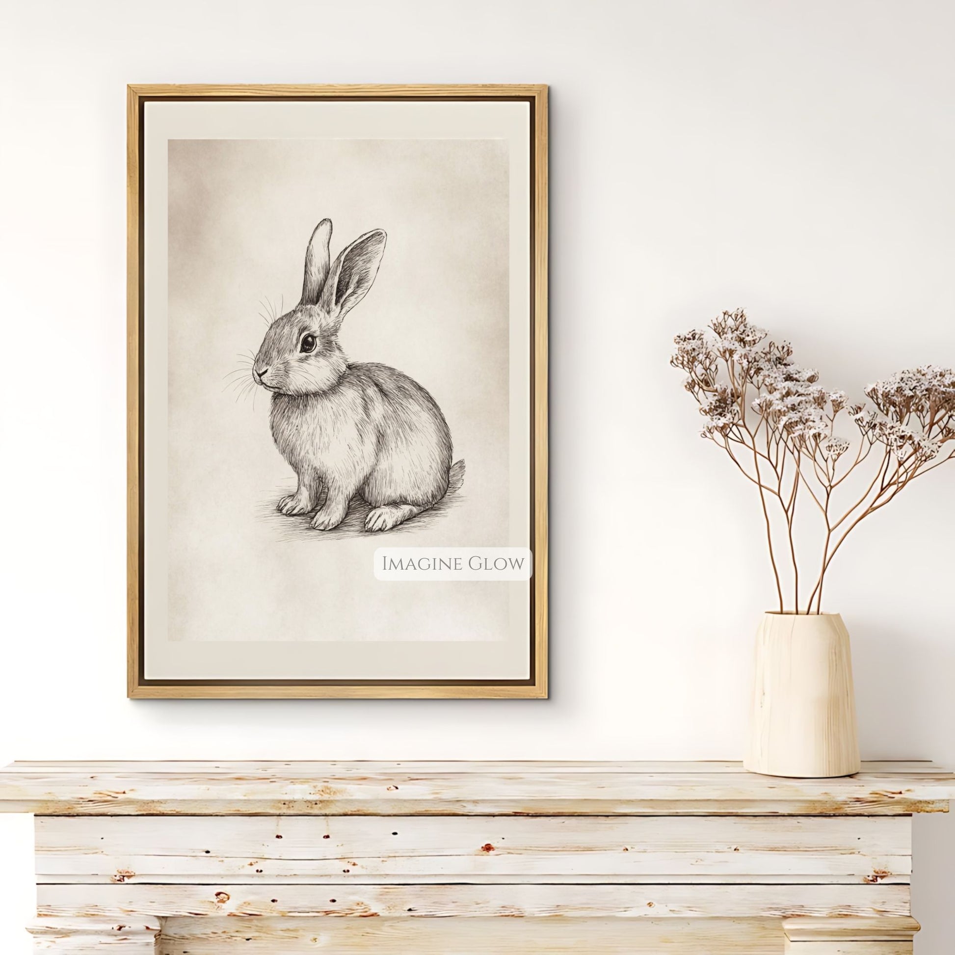 Delicate hand-drawn rabbit sketch art print for living room.