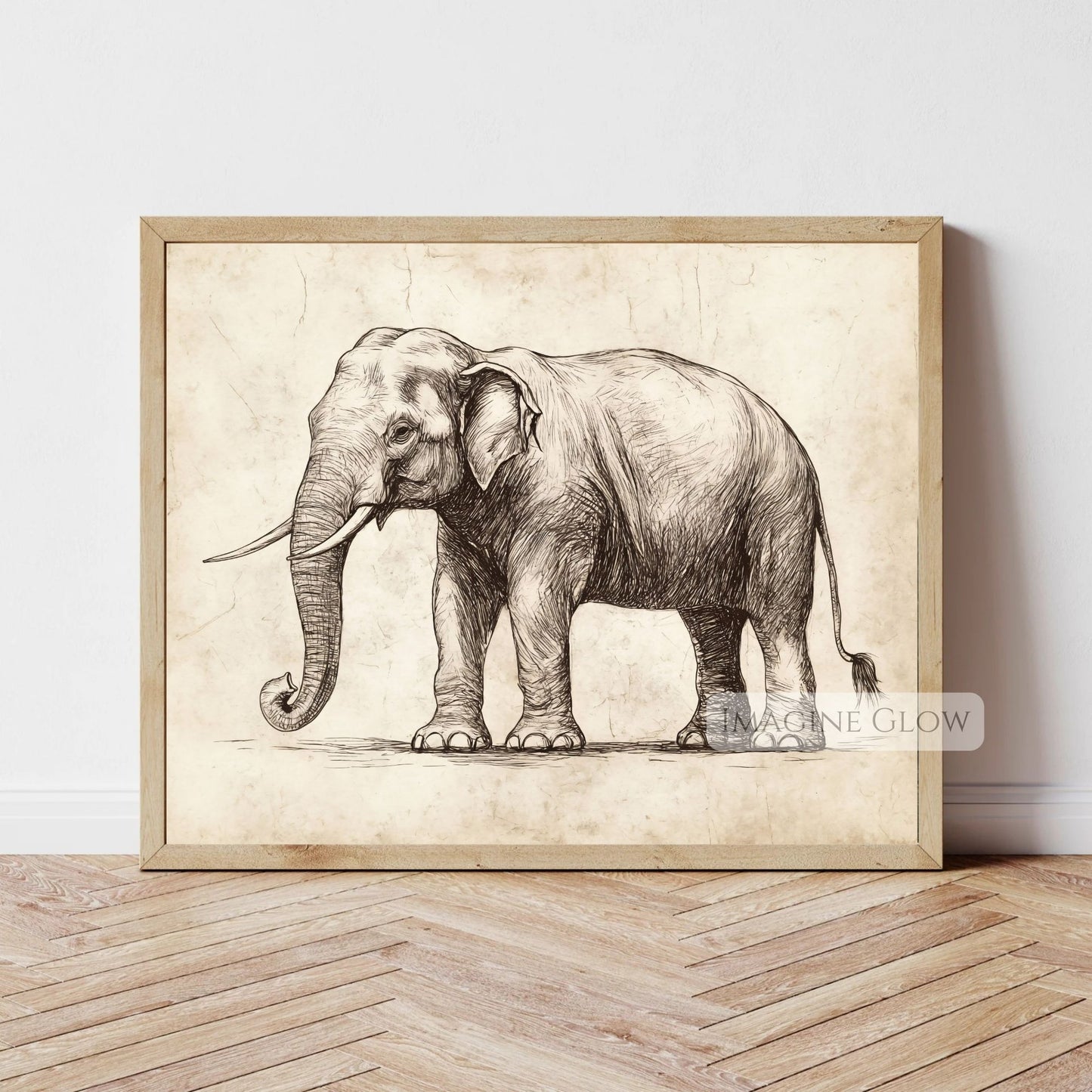 Hand-drawn elephant illustration in antique style.
