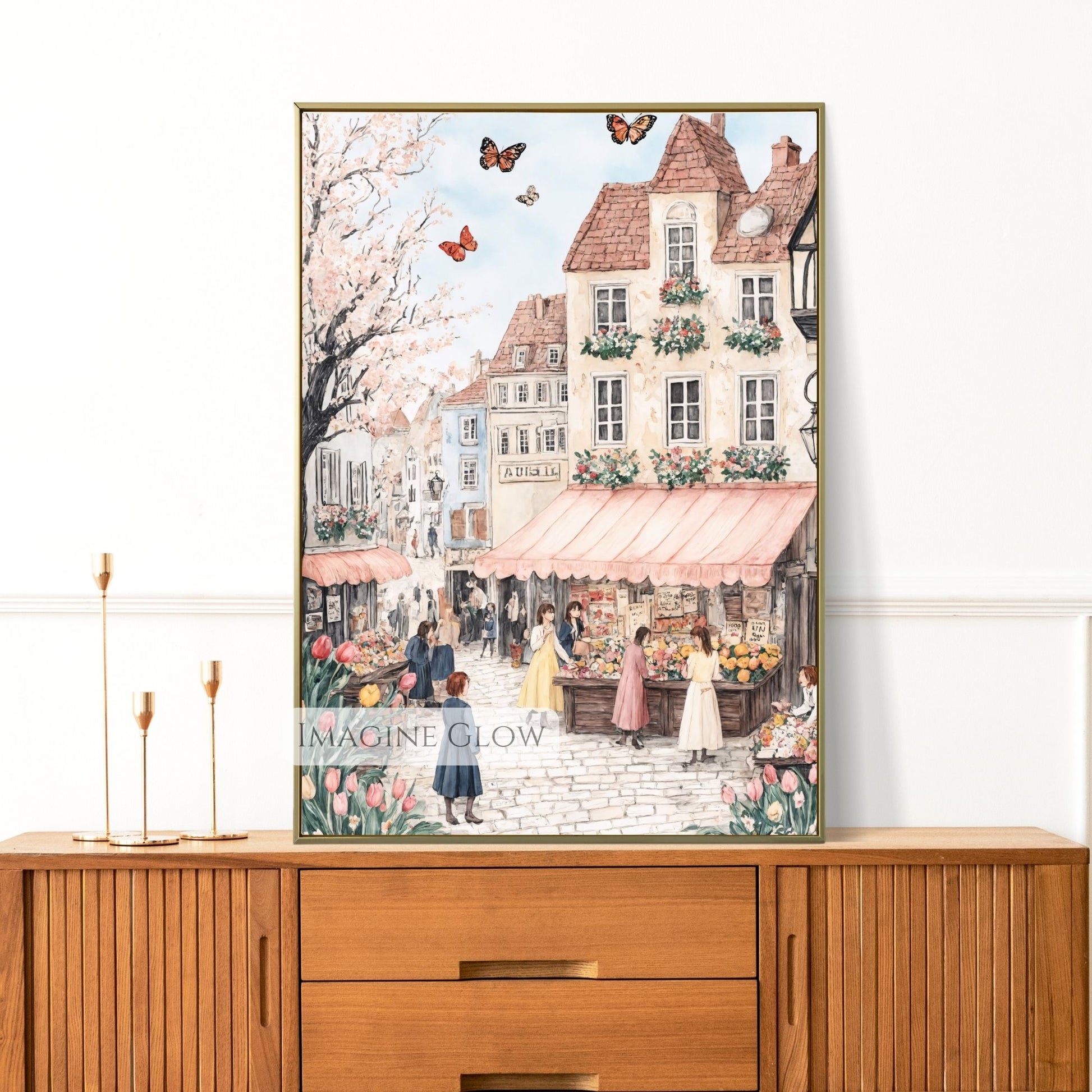 Vintage Town with Hand-Drawn Spring Flowers