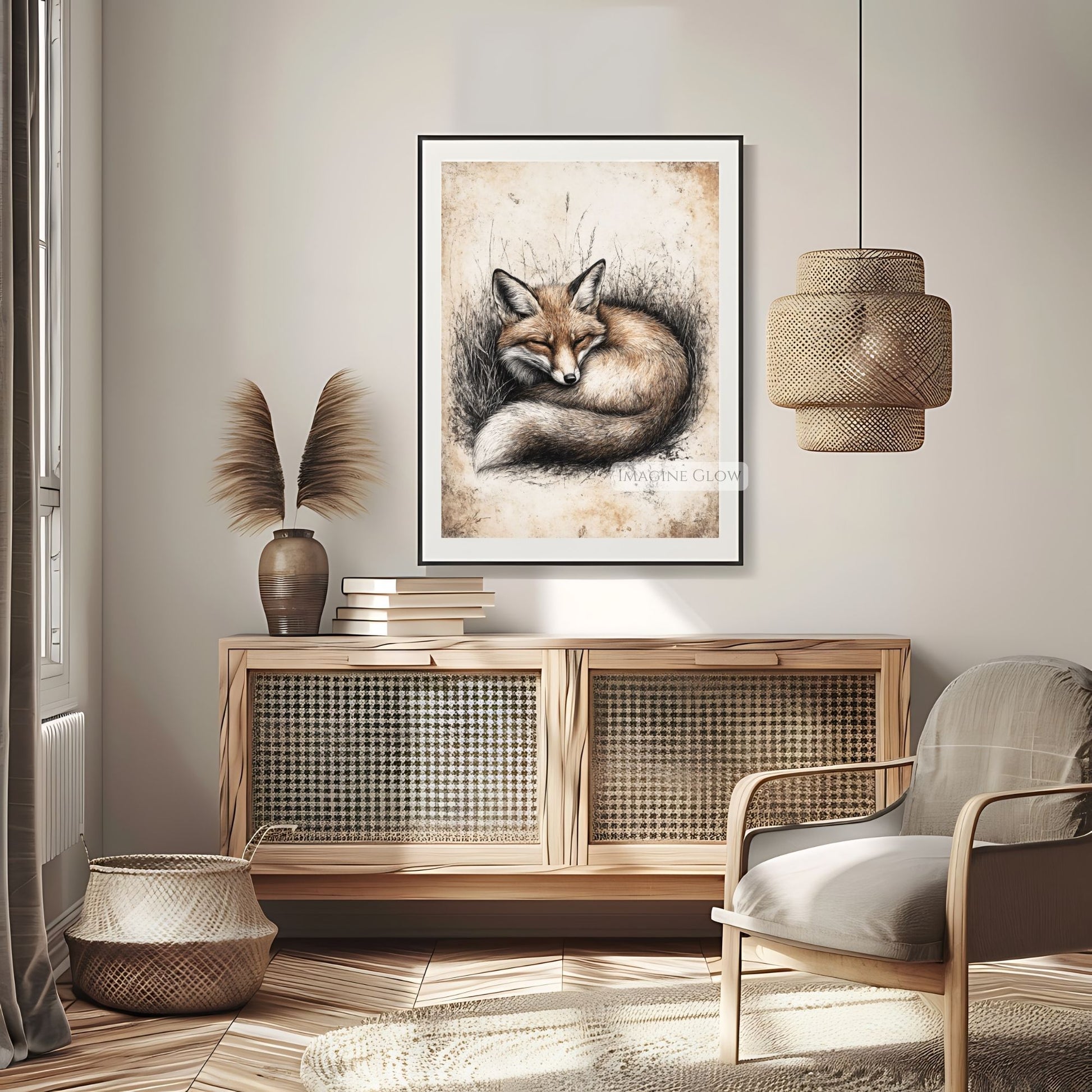 Rustic vintage fox illustration for woodland-themed spaces.