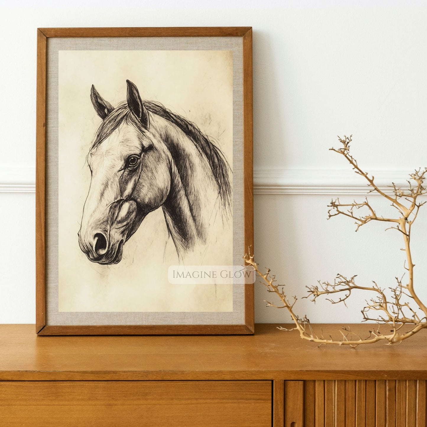Antique-style horse portrait for rustic interiors.