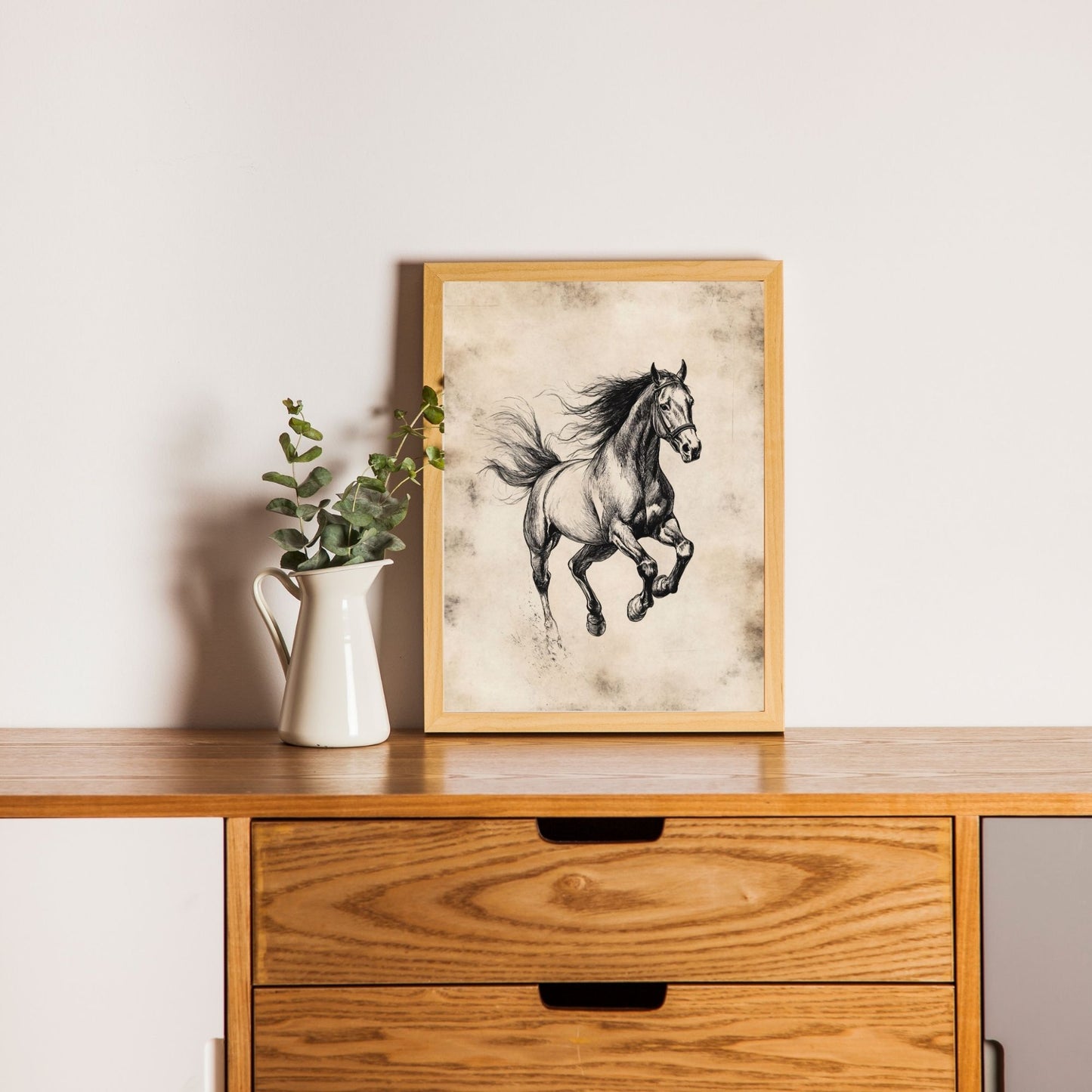Timeless vintage horse sketch art for nature-inspired interiors.