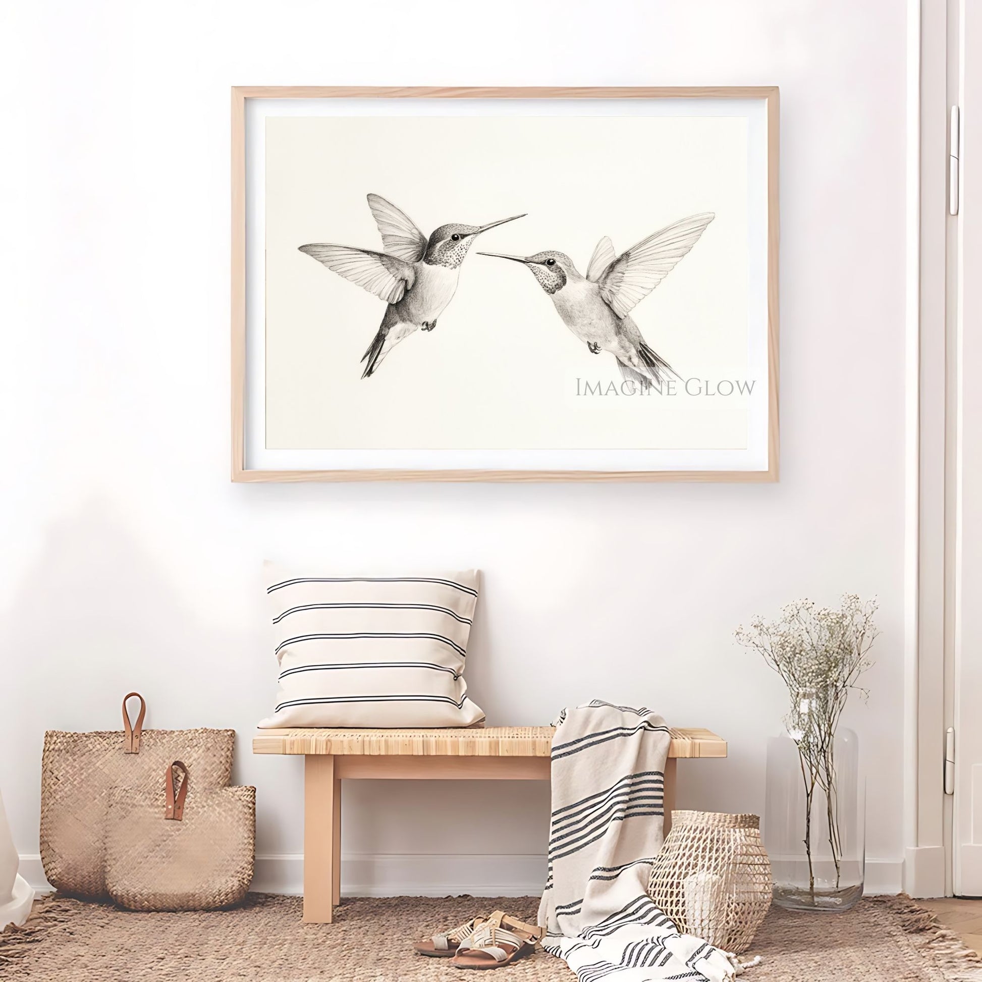 Two hummingbirds sketch wall art for home decor.