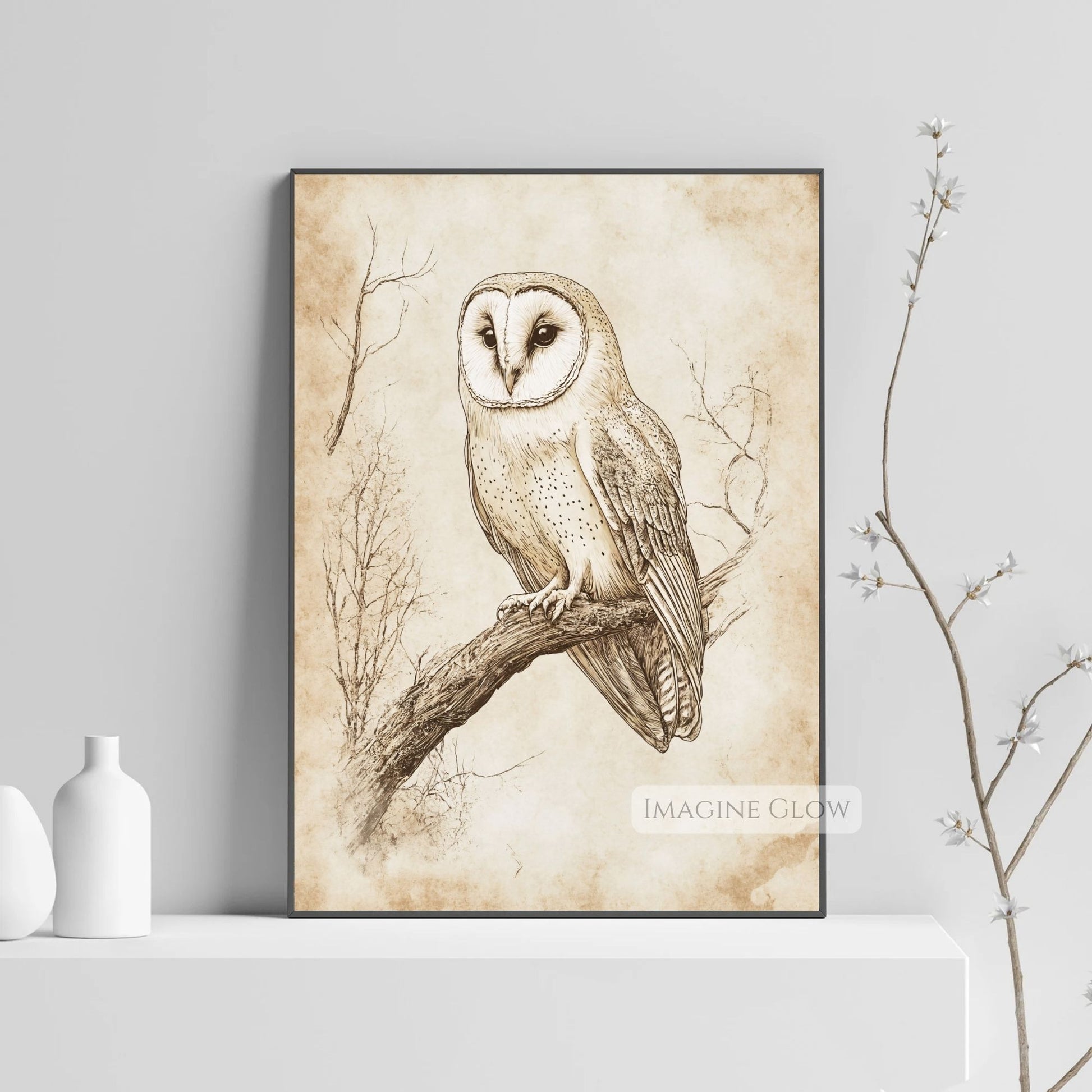 Detailed hand-drawn owl illustration for woodland-themed decor.