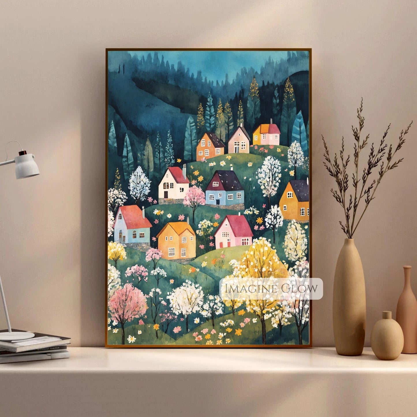 Springtime folk art print featuring a rural village