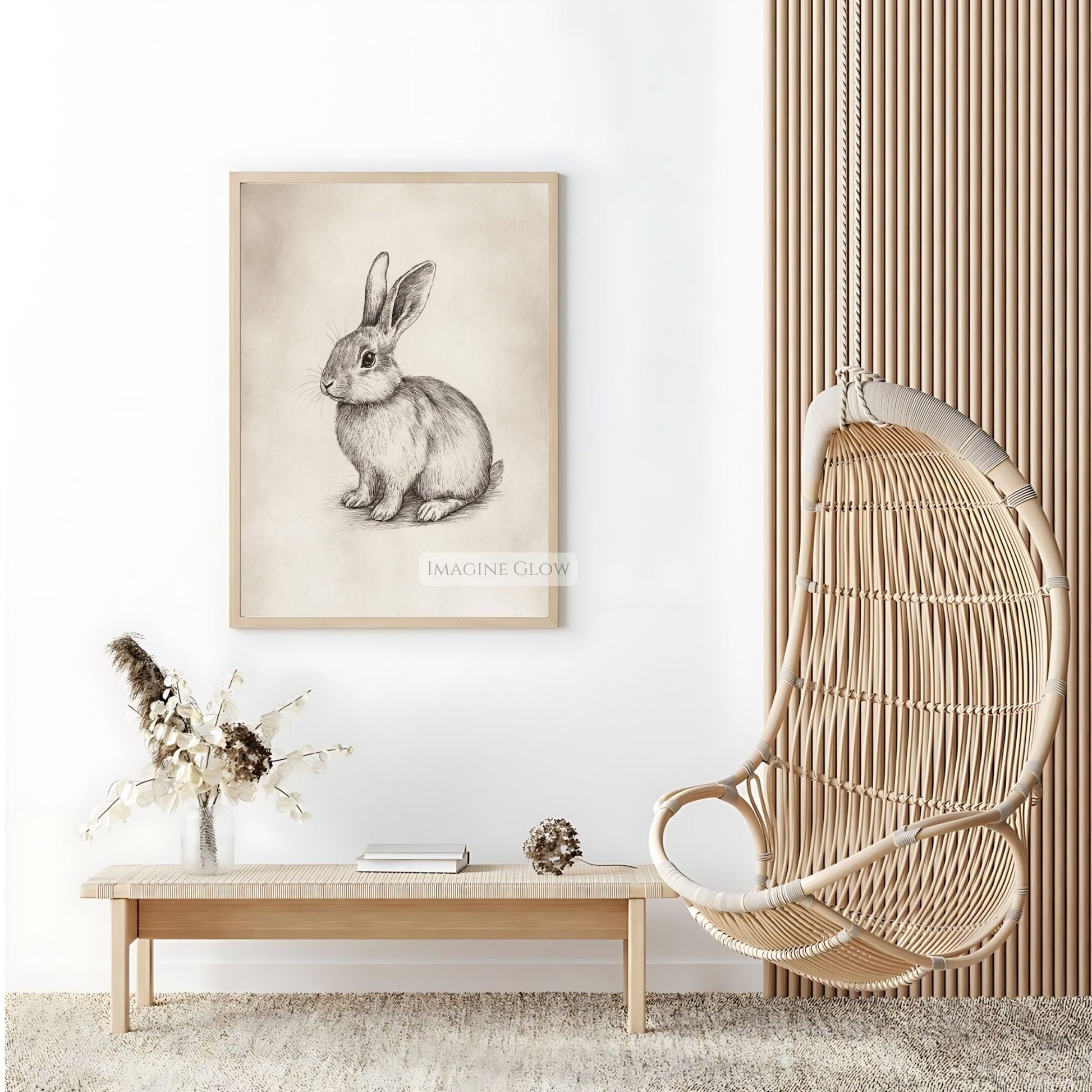 Rustic vintage bunny sketch for nature-themed wall decor.